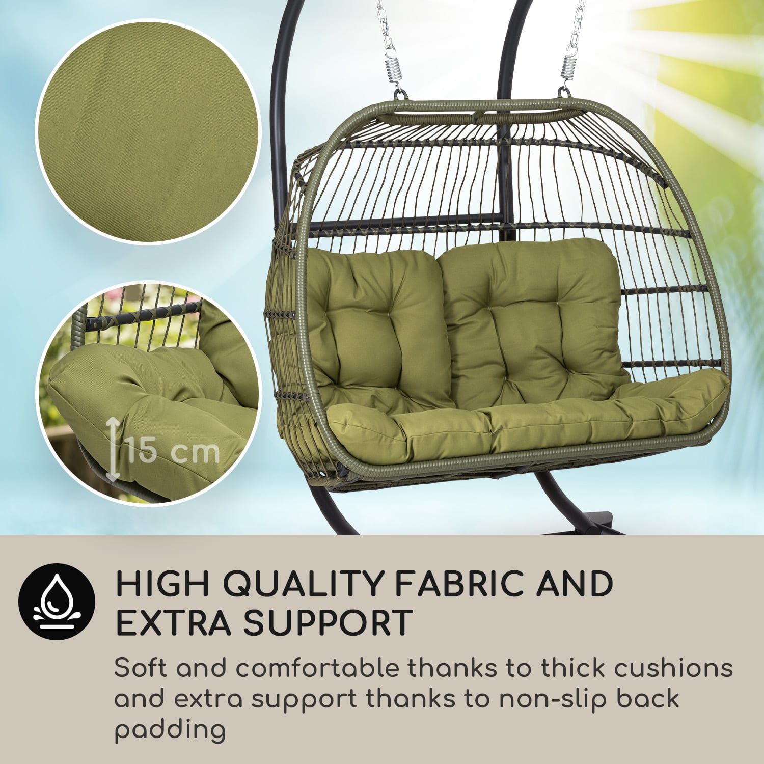 Biarritz Double, függőszék, dupla ülés, párna, poliészter, alumínium, polirattan, 260 kg 