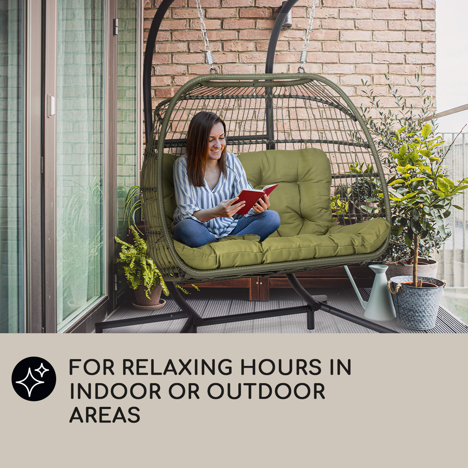 Biarritz Double, függőszék, dupla ülés, párna, poliészter, alumínium, polirattan, 260 kg 