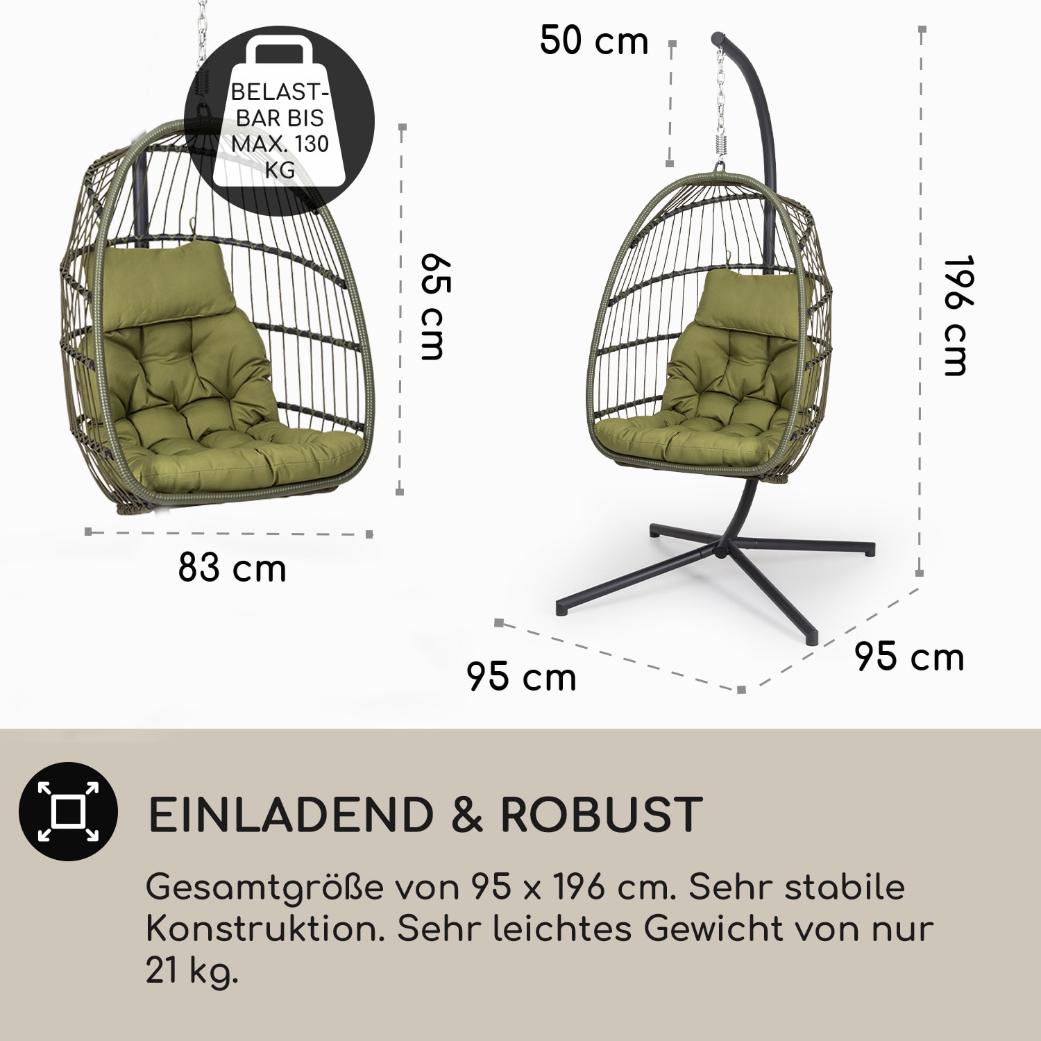 Biarritz Individuelle Hängesessel PE Aluminium Polyrattan 130 kg  Einsitzer | Olivgrün
