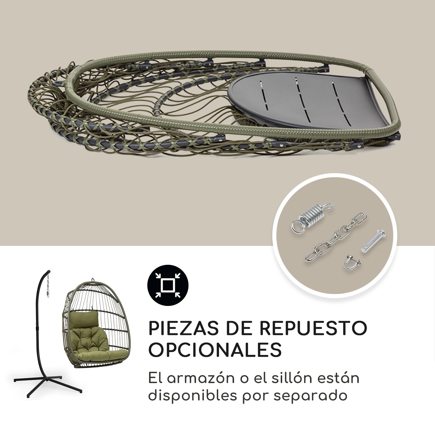 Biarritz Silla Colgante Individual Asiento Cojín Poliéster Aluminio Poliratán 130 kg  Una plaza | Verde Oliva