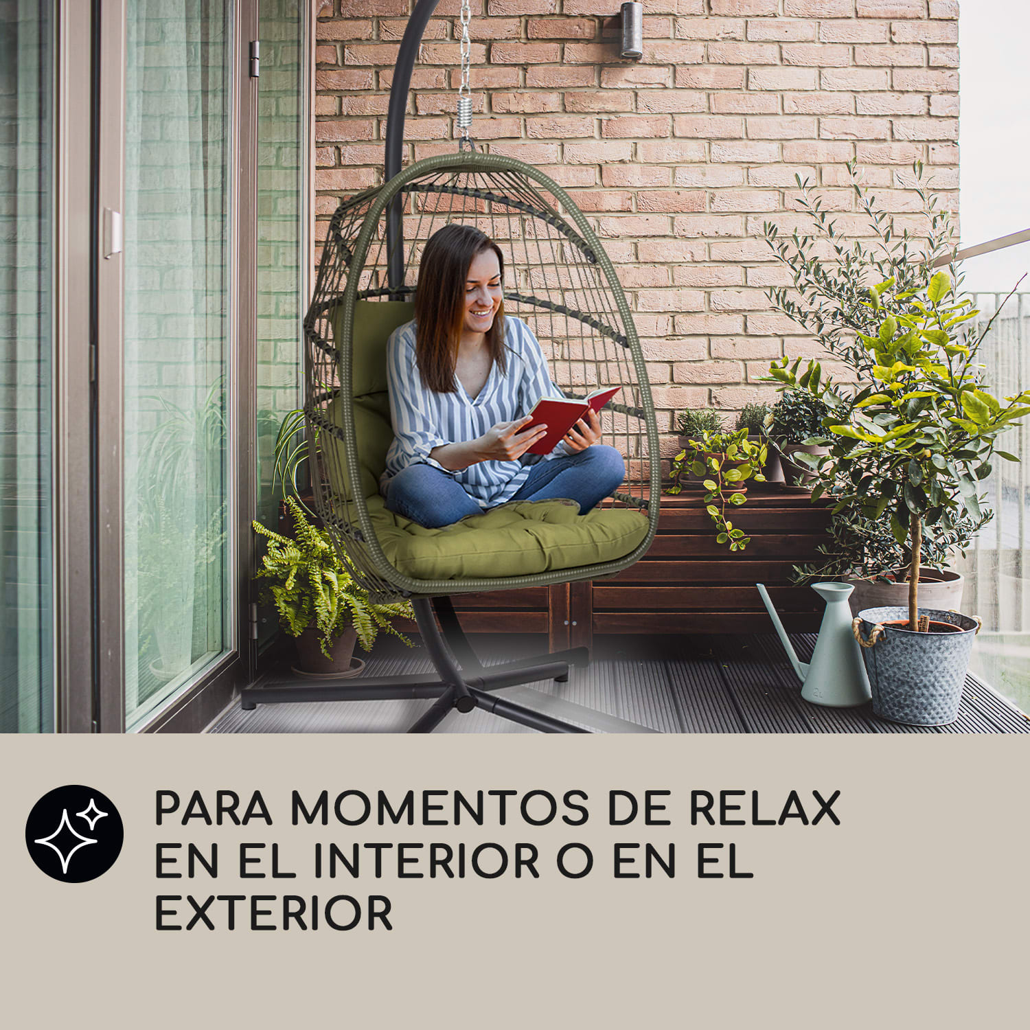 Biarritz Silla Colgante Individual Asiento Cojín Poliéster Aluminio Poliratán 130 kg  Una plaza | Verde Oliva