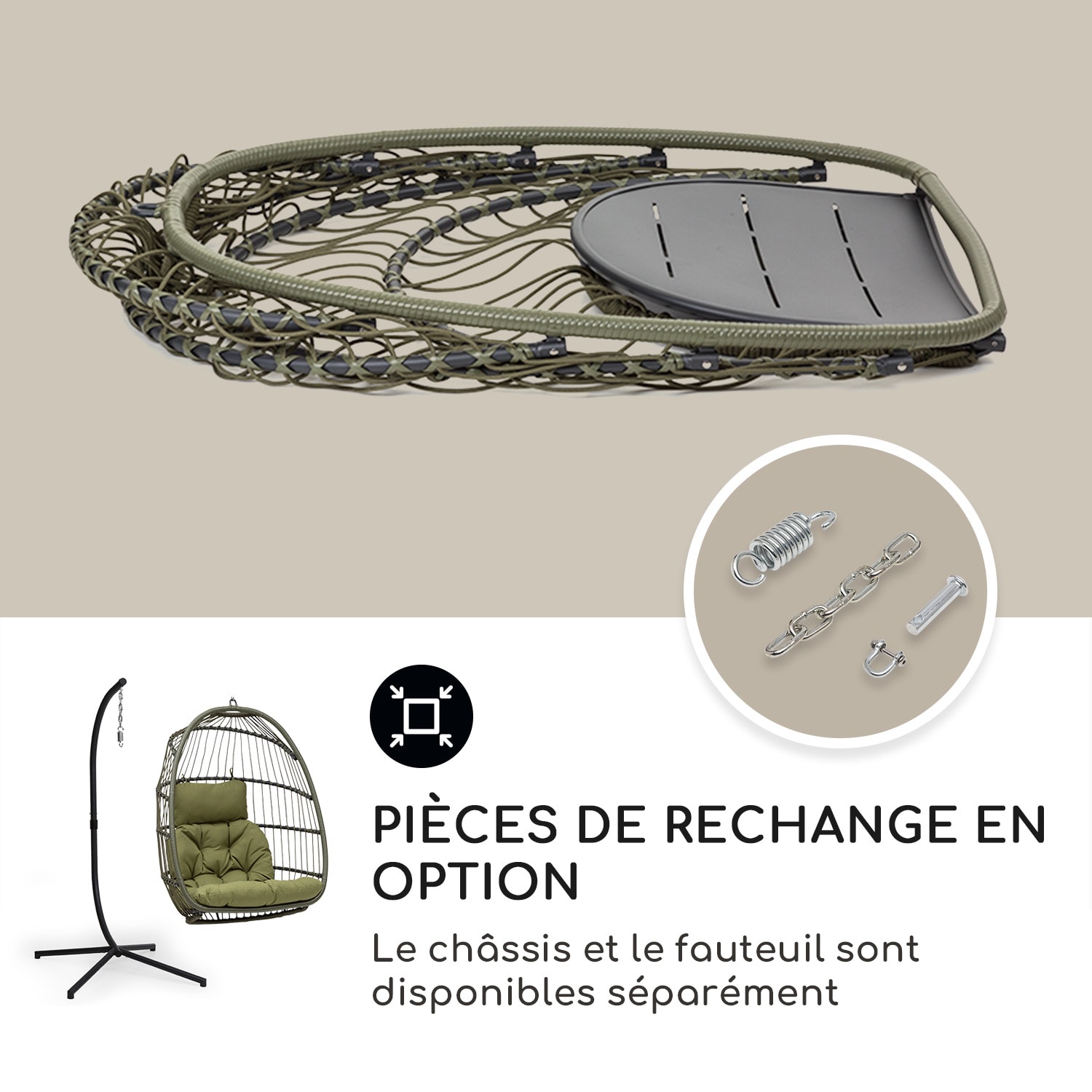 Biarritz Individuelle hangstoel zitkussen polyester aluminium polyrotan 130 kg  Eénpersoons | Olijfgroen
