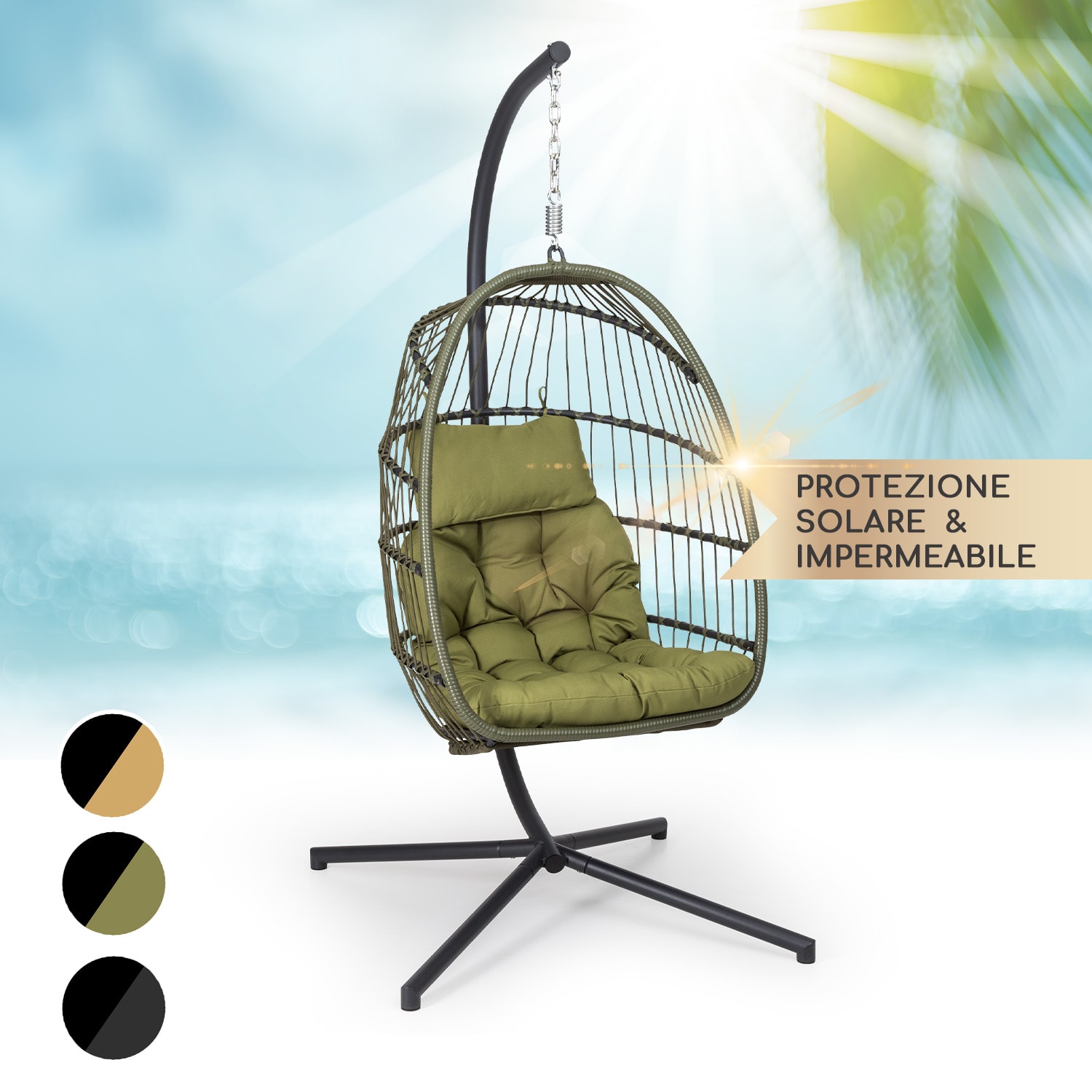 Biarritz Individuelle - Poltrona sospesa, cuscino di seduta, poliestere, alluminio, polyrattan, 130 kg  Monoposto | Verde oliva