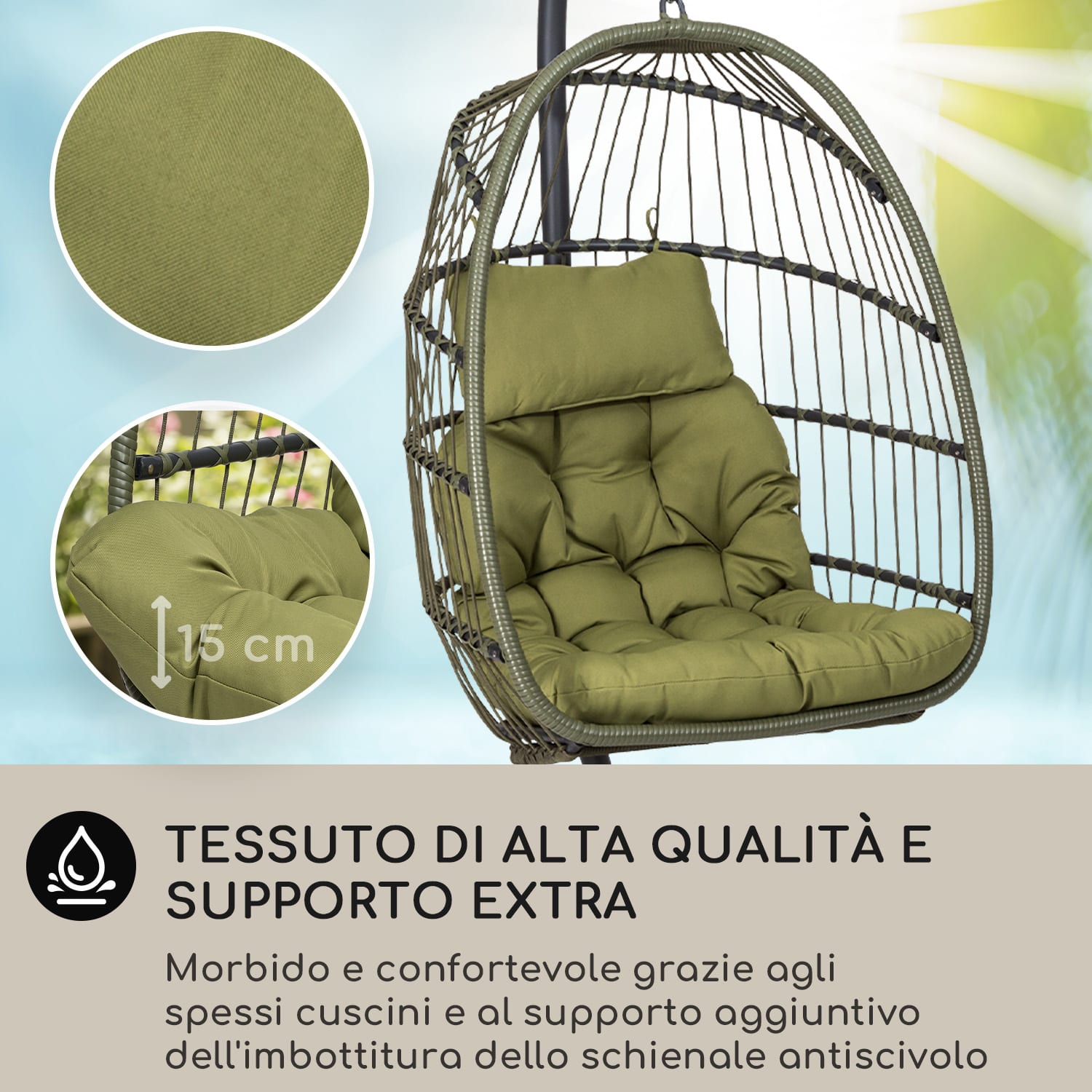 Biarritz Individuelle - Poltrona sospesa, cuscino di seduta, poliestere, alluminio, polyrattan, 130 kg  Monoposto | Verde oliva