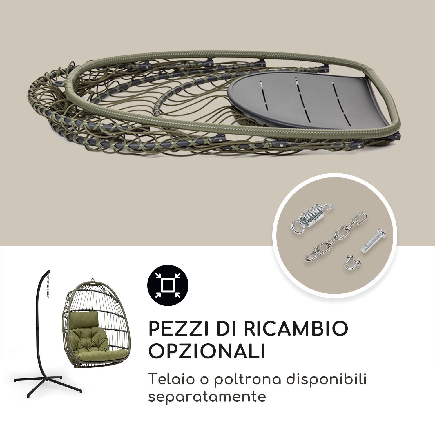 Biarritz Individuelle - Poltrona sospesa, cuscino di seduta, poliestere, alluminio, polyrattan, 130 kg  Monoposto | Verde oliva