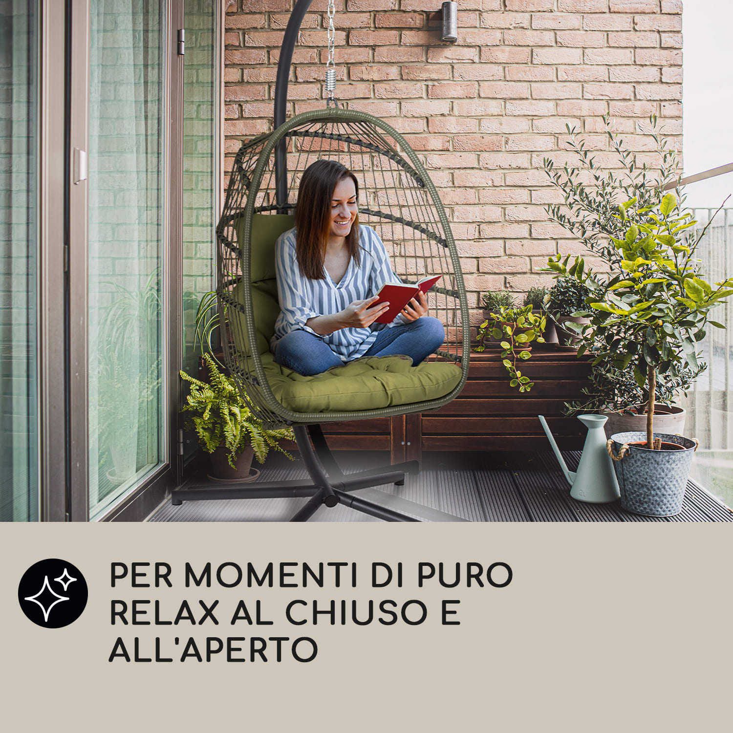 Biarritz Individuelle - Poltrona sospesa, cuscino di seduta, poliestere, alluminio, polyrattan, 130 kg  Monoposto | Verde oliva