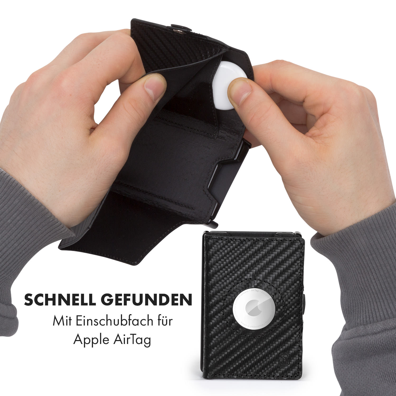 ZNAP Airtag Wallet 8 Karten Münzfach 8,9 x 1,5 x 6,3 cm (BxHxT) RFID-Schutz Carbon | Schwarz