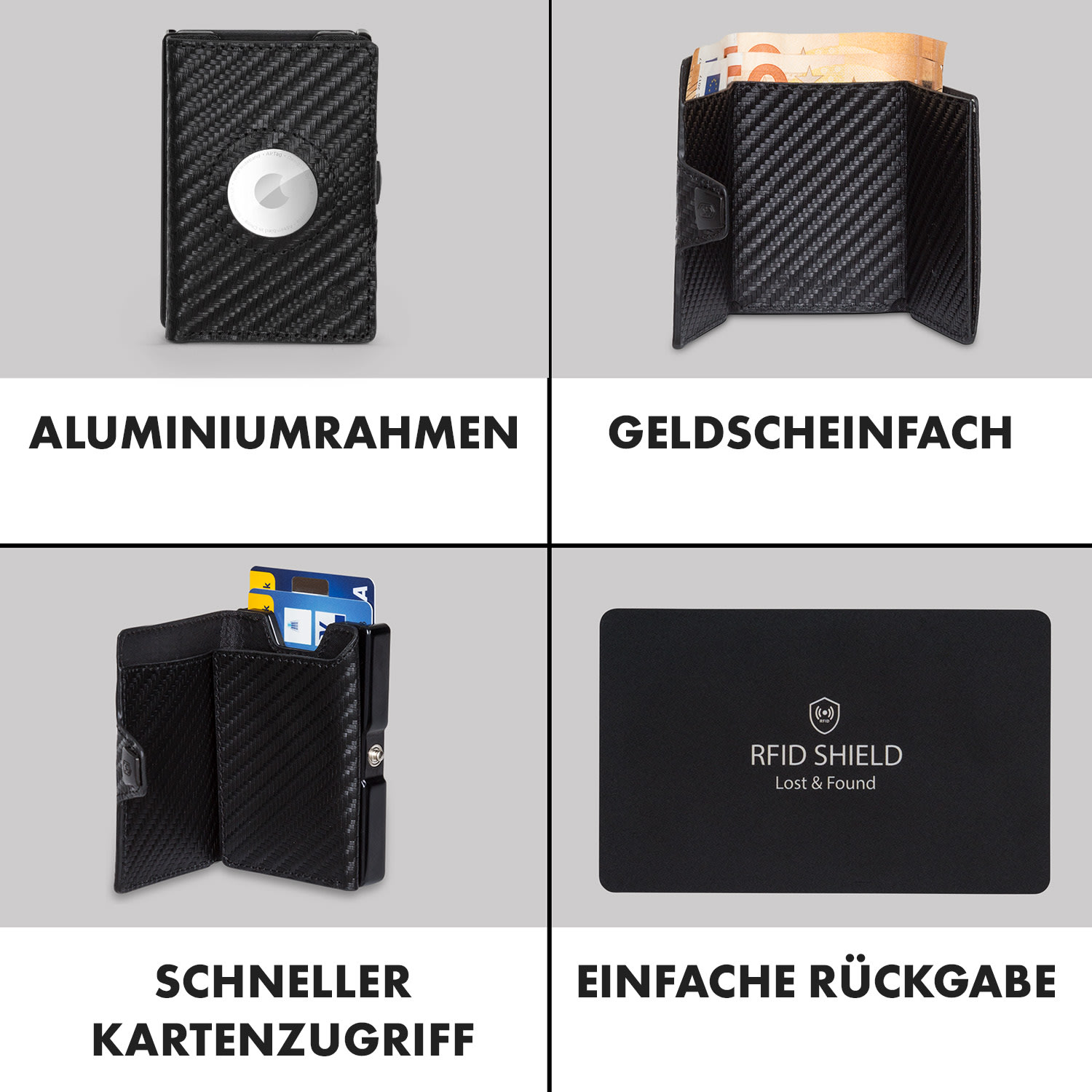 ZNAP Airtag Wallet 8 Karten Münzfach 8,9 x 1,5 x 6,3 cm (BxHxT) RFID-Schutz Carbon | Schwarz