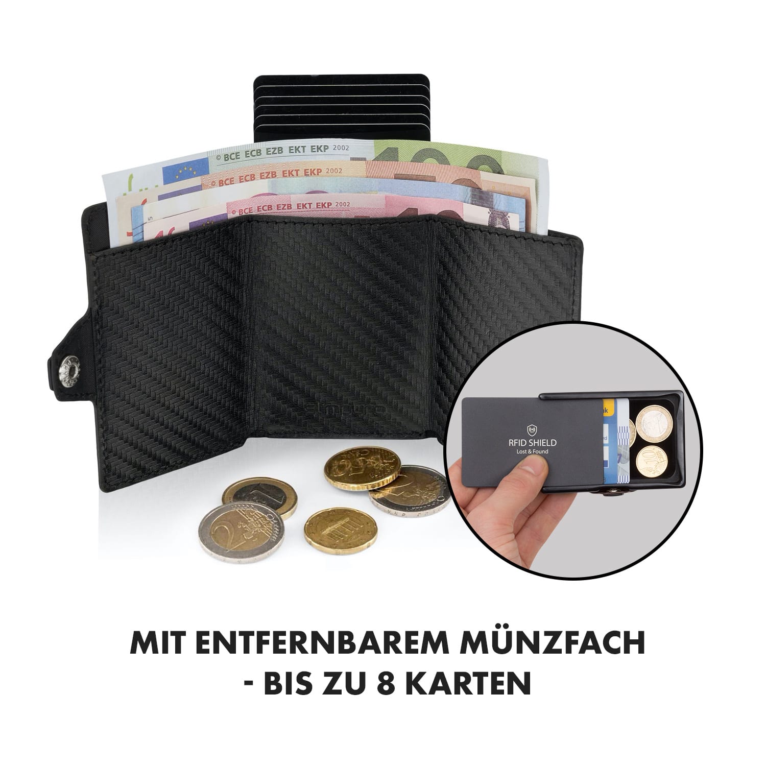 ZNAP Airtag Wallet 8 Karten Münzfach 8,9 x 1,5 x 6,3 cm (BxHxT) RFID-Schutz Carbon | Schwarz