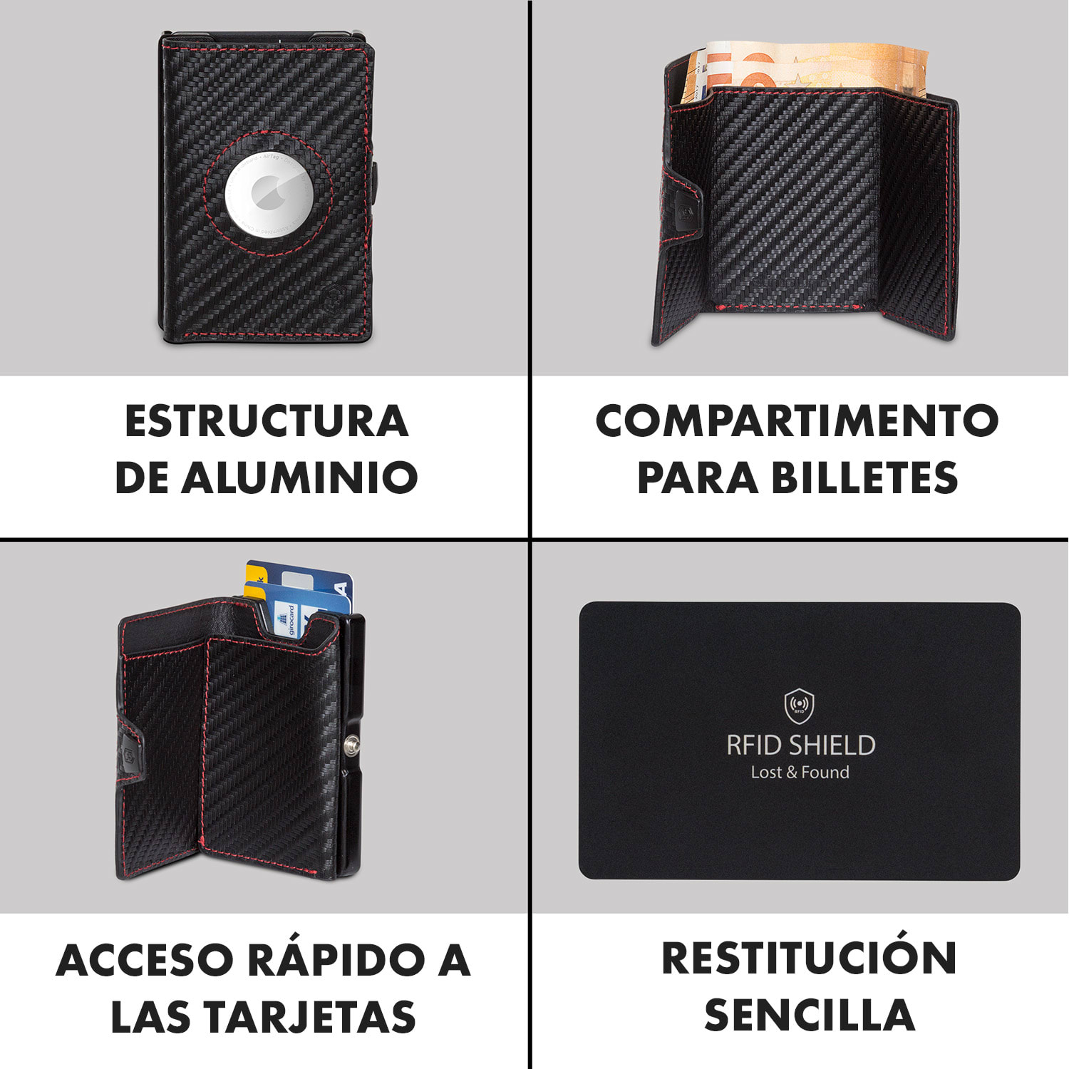 Cartera ZNAP Airtag 8 tarjetas, compartimento para monedas 8,9 x 1,5 x 6,3 cm (AnxAlxProf) protección RFID Carbón | Rojo