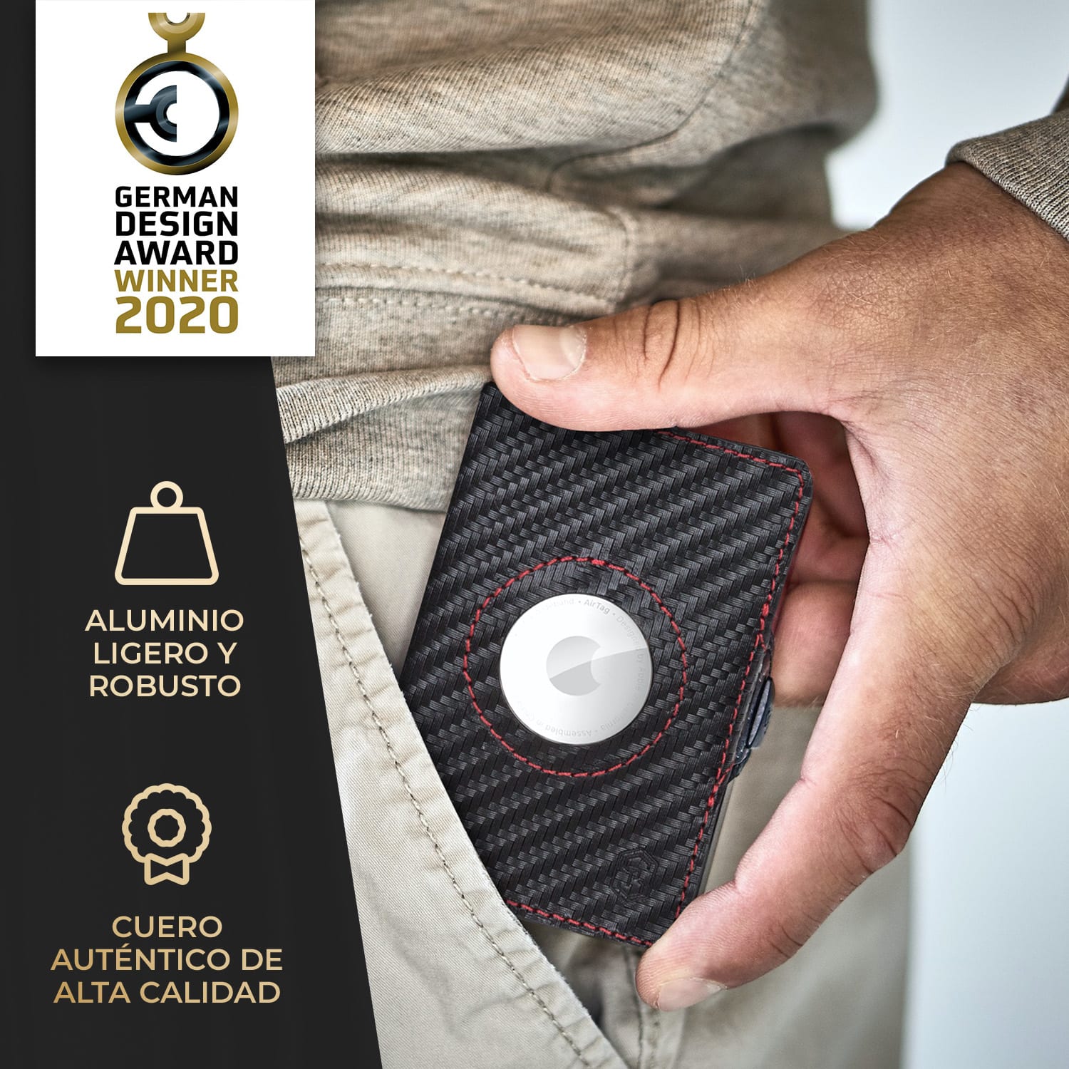 Cartera ZNAP Airtag 8 tarjetas, compartimento para monedas 8,9 x 1,5 x 6,3 cm (AnxAlxProf) protección RFID Carbón | Rojo