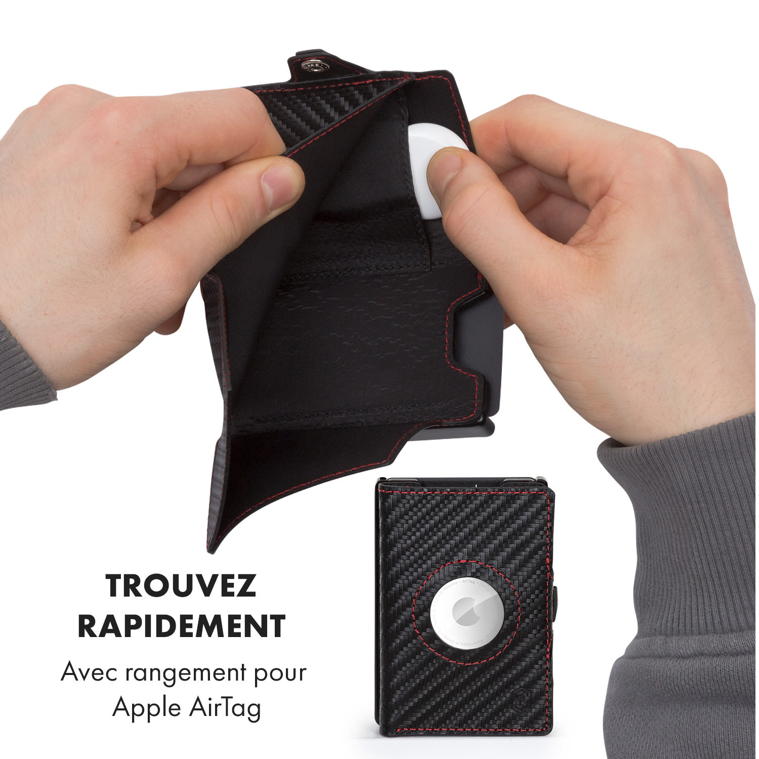 ZNAP Airtag Wallet 8 kaarten met muntvak 8,9 x 1,5 x 6,3 cm (BxHxD) RFID-bescherming Koolstof | Rood