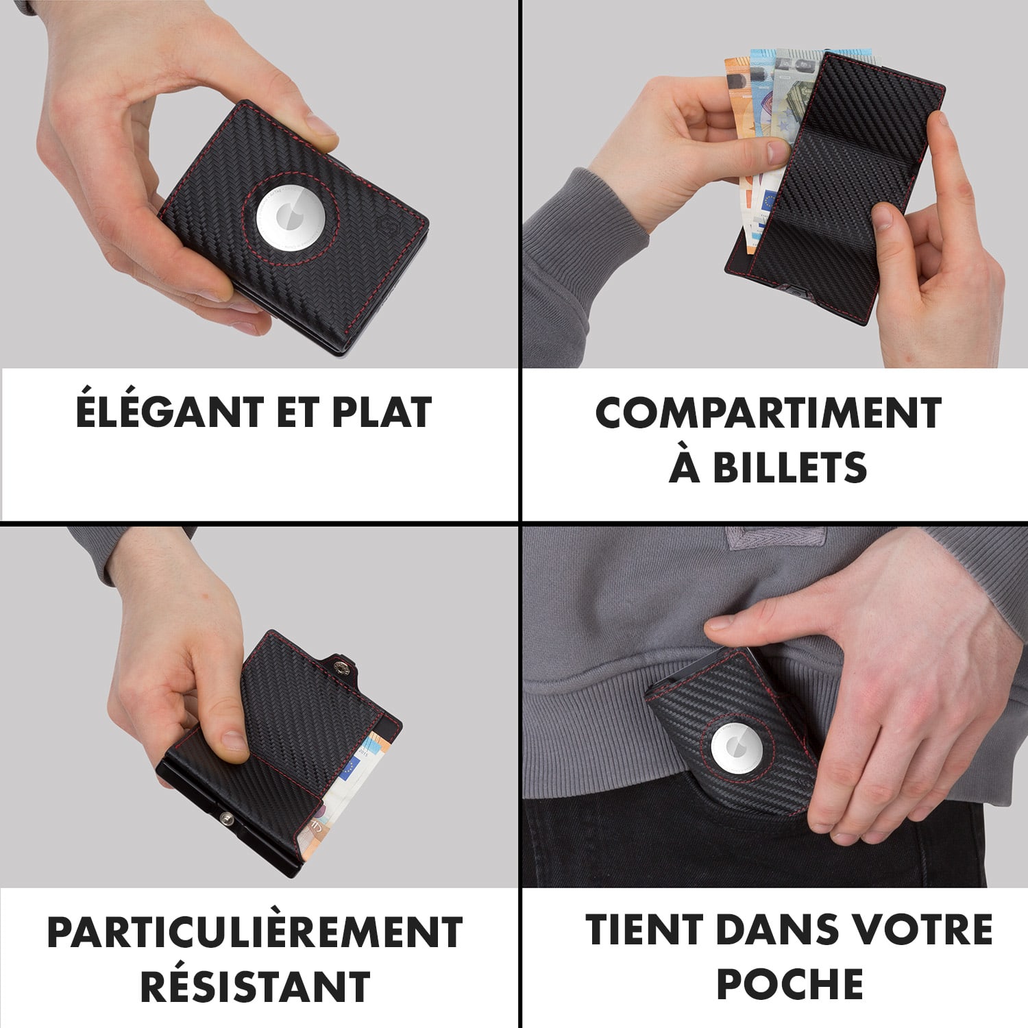 ZNAP Airtag Wallet 8 kaarten met muntvak 8,9 x 1,5 x 6,3 cm (BxHxD) RFID-bescherming Koolstof | Rood