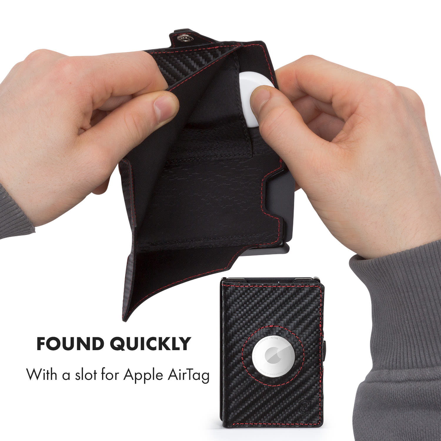 Портфейл ZNAP Airtag, 8 карти, отделение за монети, 8,9 x 1,5 x 6,3 см (Ш x В x Г), RFID защита Въглерод | Червен