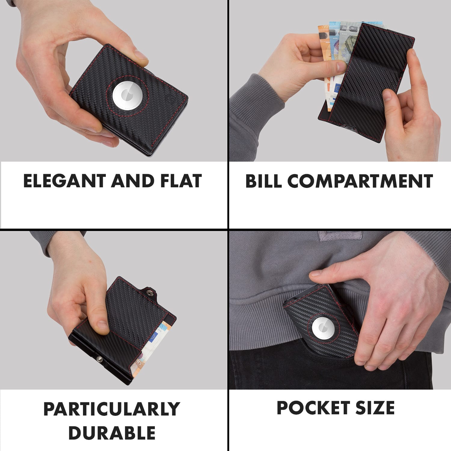 Портфейл ZNAP Airtag, 8 карти, отделение за монети, 8,9 x 1,5 x 6,3 см (Ш x В x Г), RFID защита Въглерод | Червен