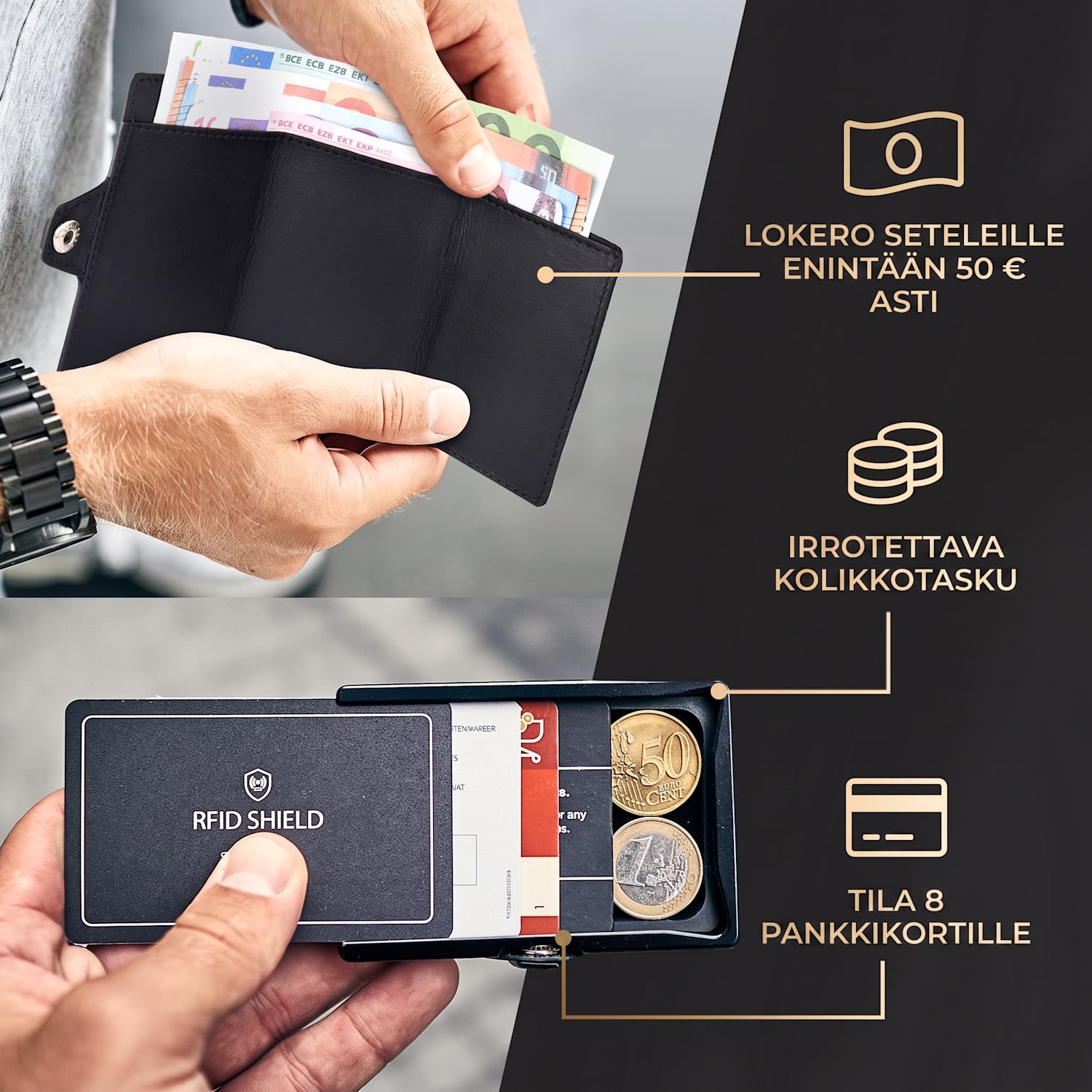 ZNAP Airtag-lompakko 8 kortille, kolikkotasku, 8,9 x 1,5 x 6,3 cm (LxKxS), RFID-suojaus Nahka (Nature) | Musta