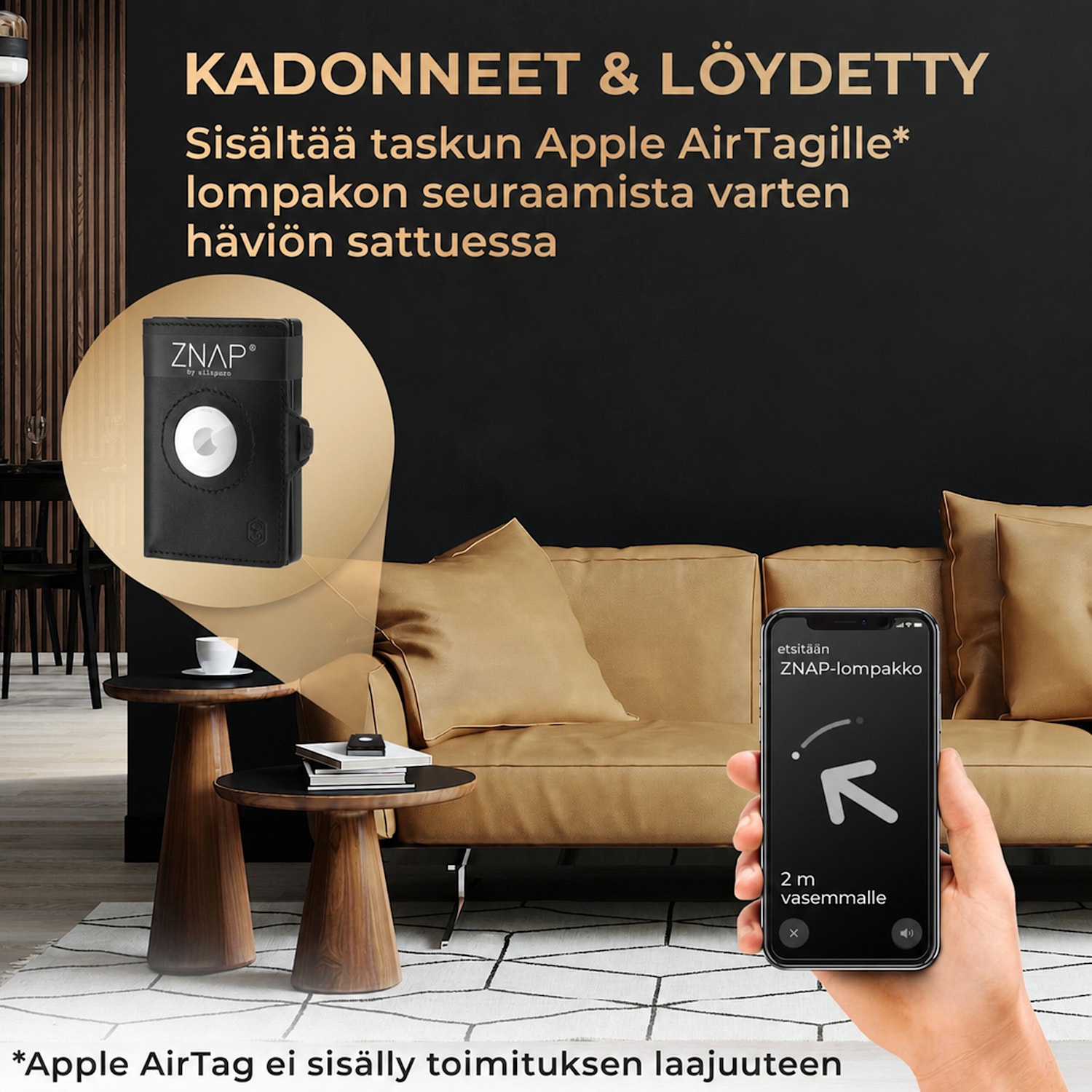 ZNAP Airtag-lompakko 8 kortille, kolikkotasku, 8,9 x 1,5 x 6,3 cm (LxKxS), RFID-suojaus Nahka (Nature) | Musta