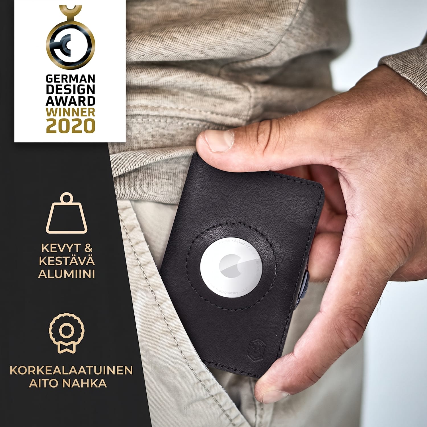 ZNAP Airtag-lompakko 8 kortille, kolikkotasku, 8,9 x 1,5 x 6,3 cm (LxKxS), RFID-suojaus Nahka (Nature) | Musta