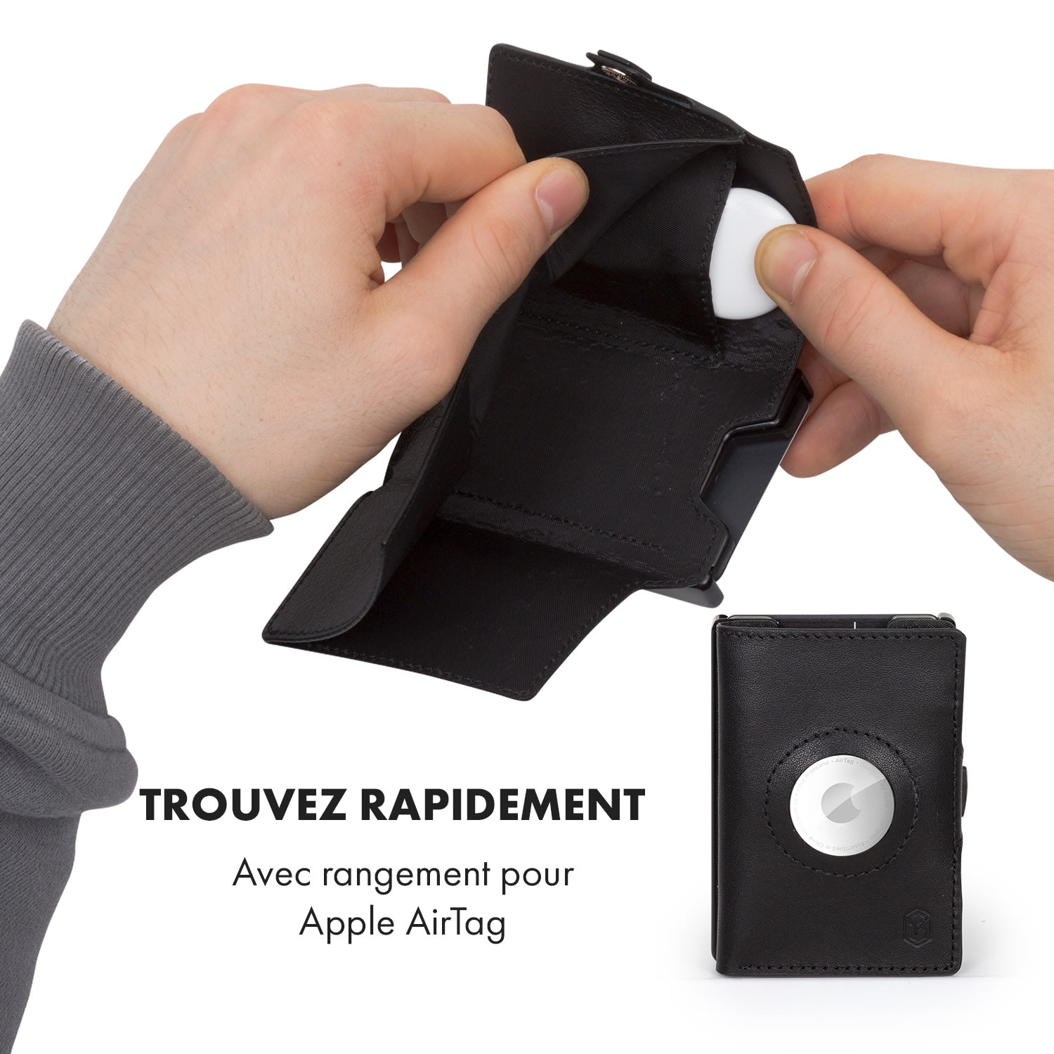 ZNAP Airtag Wallet 8 cartes, compartiment à pièces 8,9 x 1,5 x 6,3 cm (LxHxP) protection RFID Cuir (nature) | Noir