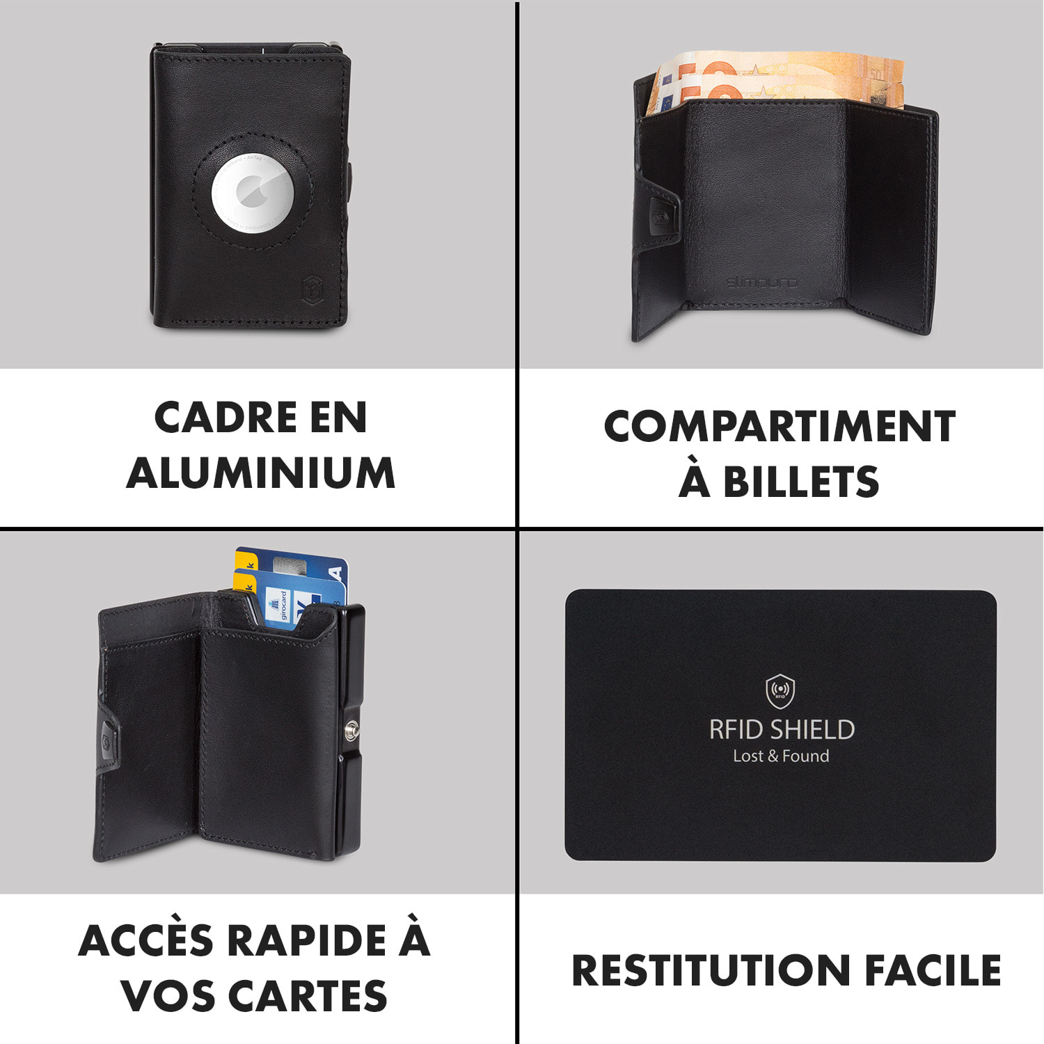 ZNAP Airtag Wallet 8 cartes, compartiment à pièces 8,9 x 1,5 x 6,3 cm (LxHxP) protection RFID Cuir (nature) | Noir