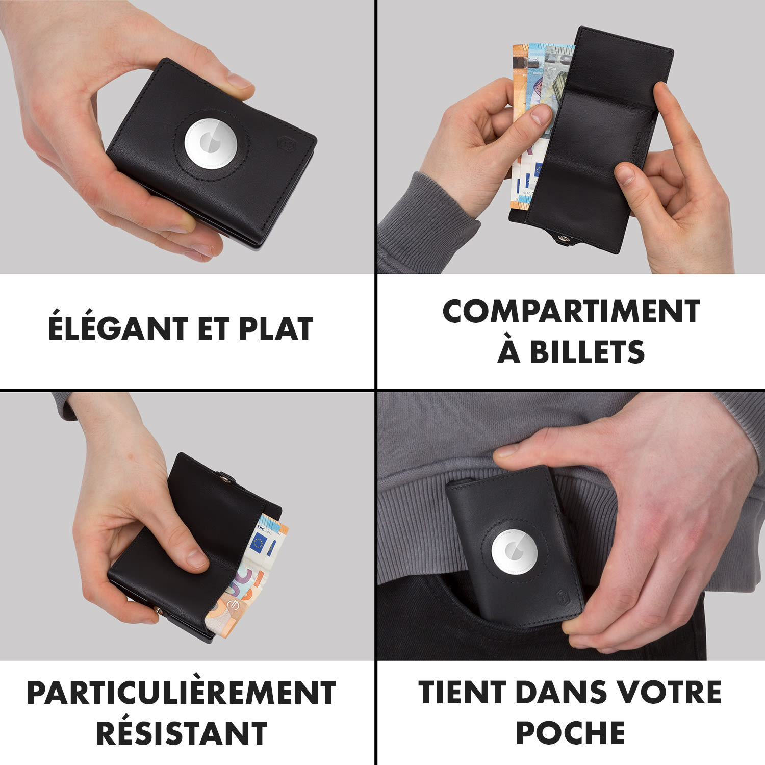 ZNAP Airtag Wallet 8 cartes, compartiment à pièces 8,9 x 1,5 x 6,3 cm (LxHxP) protection RFID Cuir (nature) | Noir
