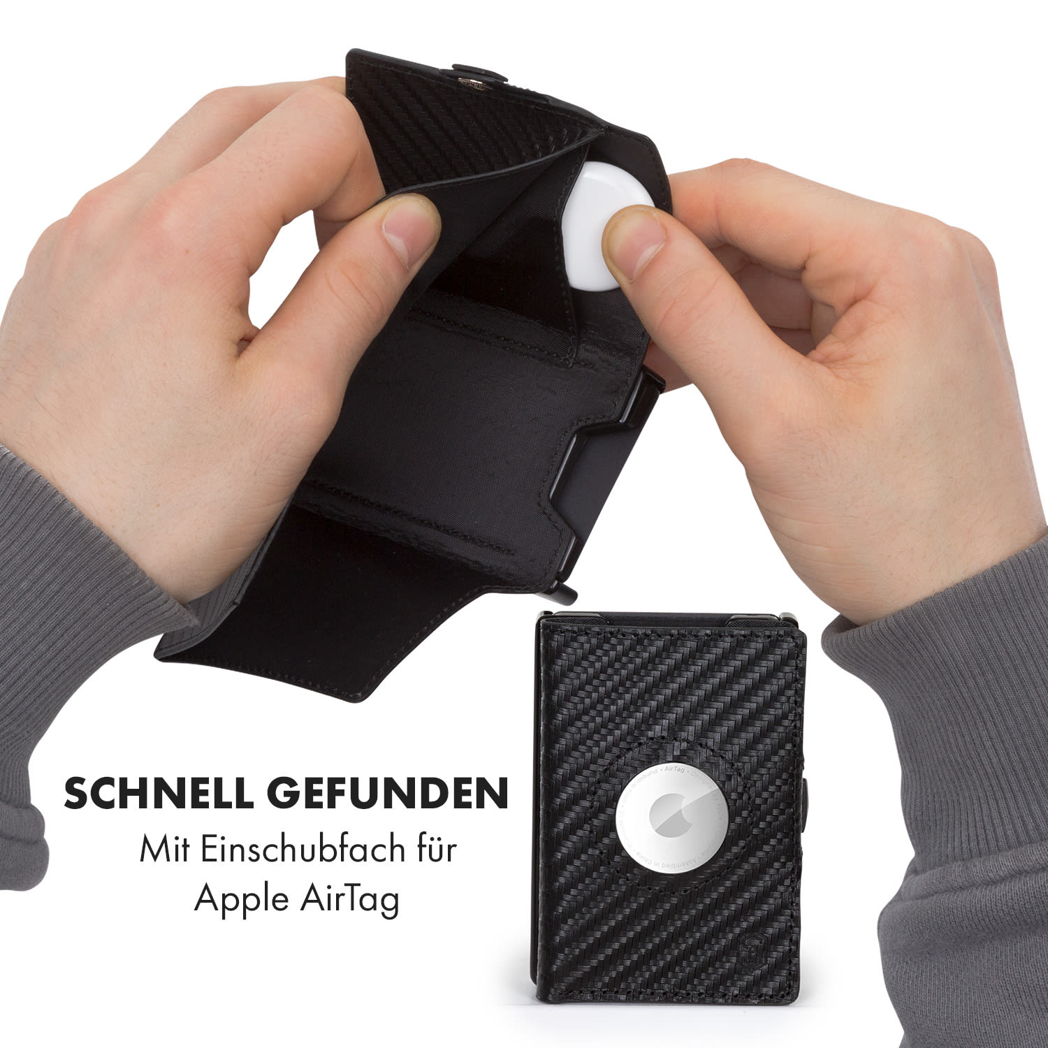 ZNAP Airtag Wallet 12 Karten Münzfach 8,9 x 1,8 x 6,3 cm (BxHxT) RFID-Schutz Carbon | Schwarz
