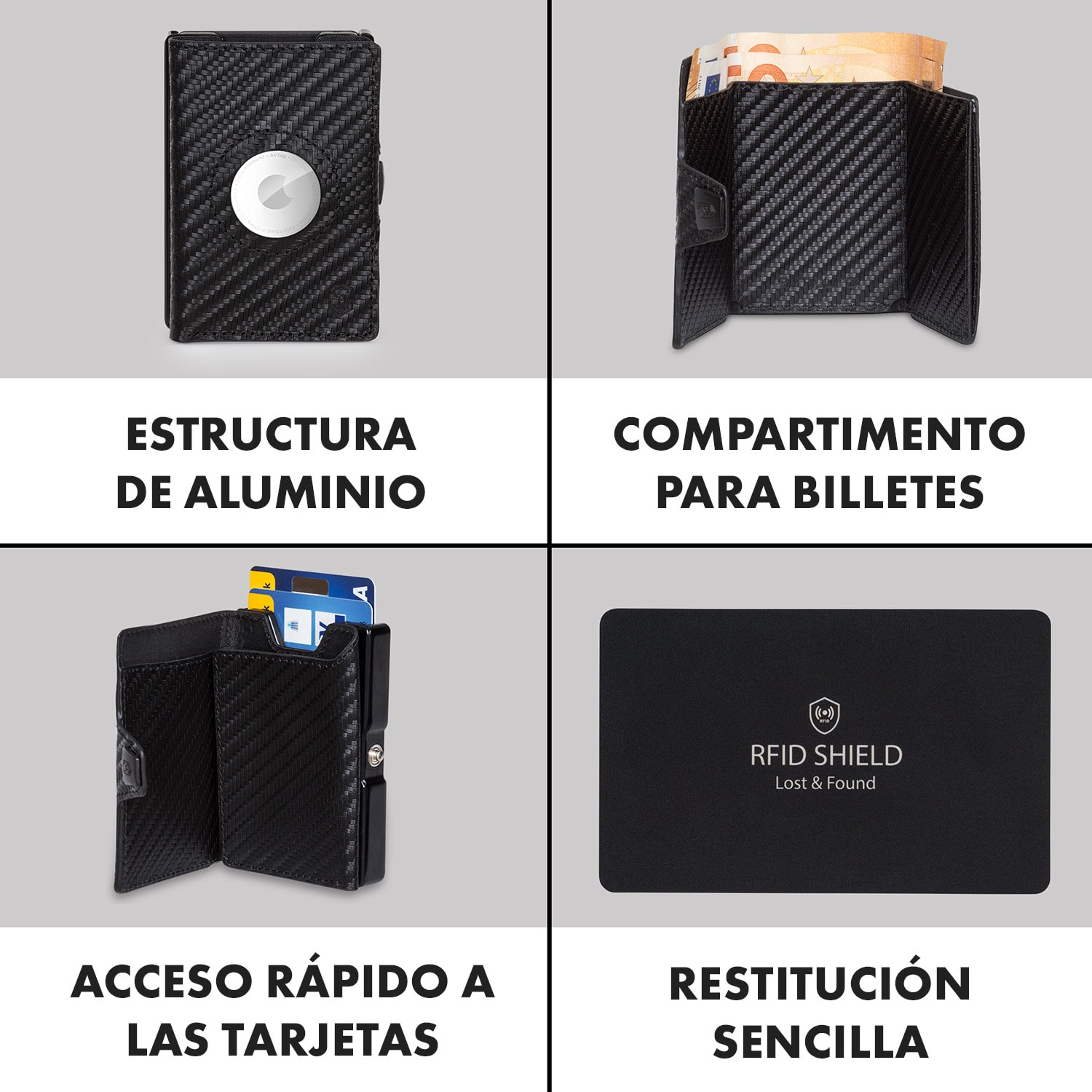 Billetera ZNAP Airtag 12 tarjetas, compartimento para monedas 8,9 x 1,8 x 6,3 cm (AnxAlxProf) con protección RFID Carbón | Negro