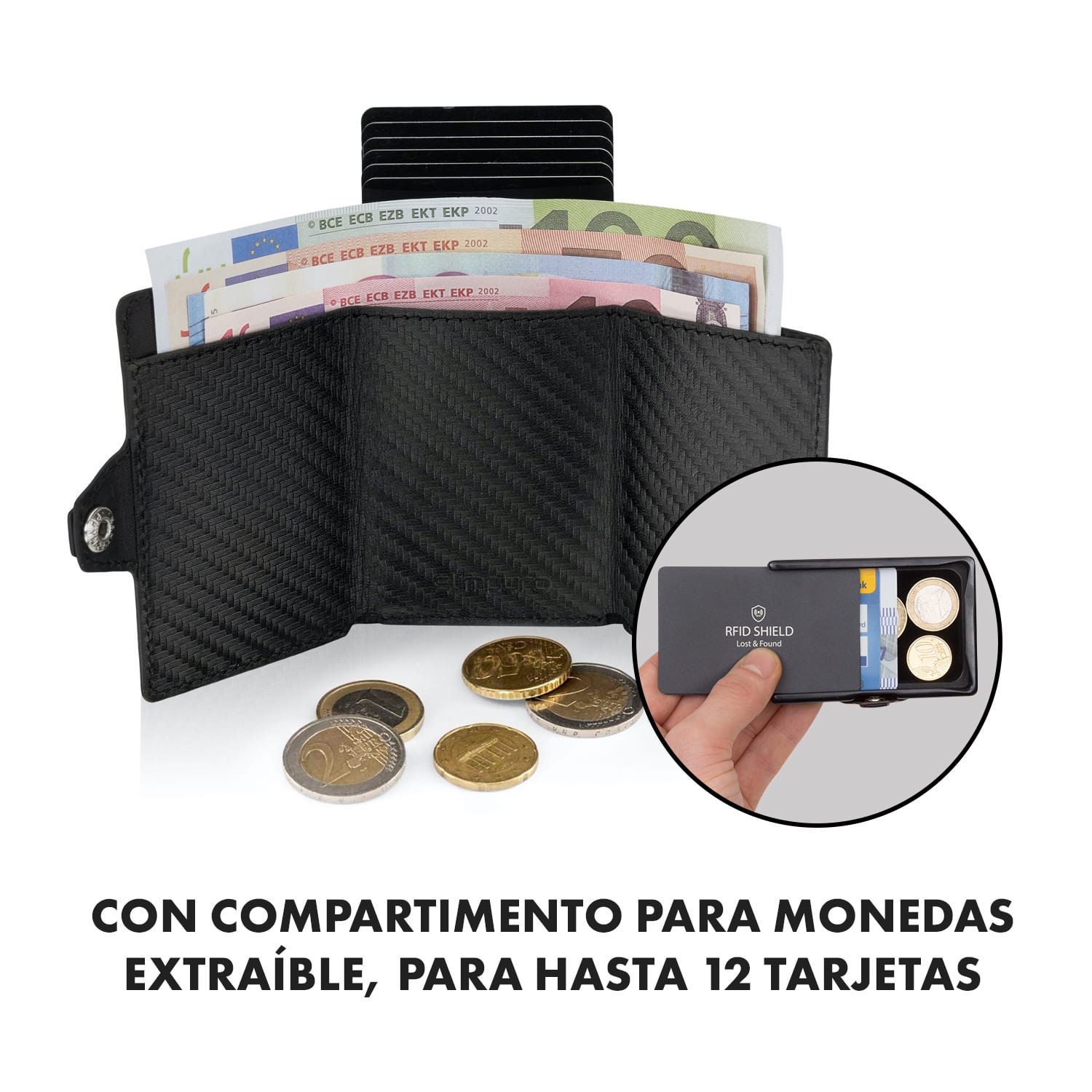 Billetera ZNAP Airtag 12 tarjetas, compartimento para monedas 8,9 x 1,8 x 6,3 cm (AnxAlxProf) con protección RFID Carbón | Negro