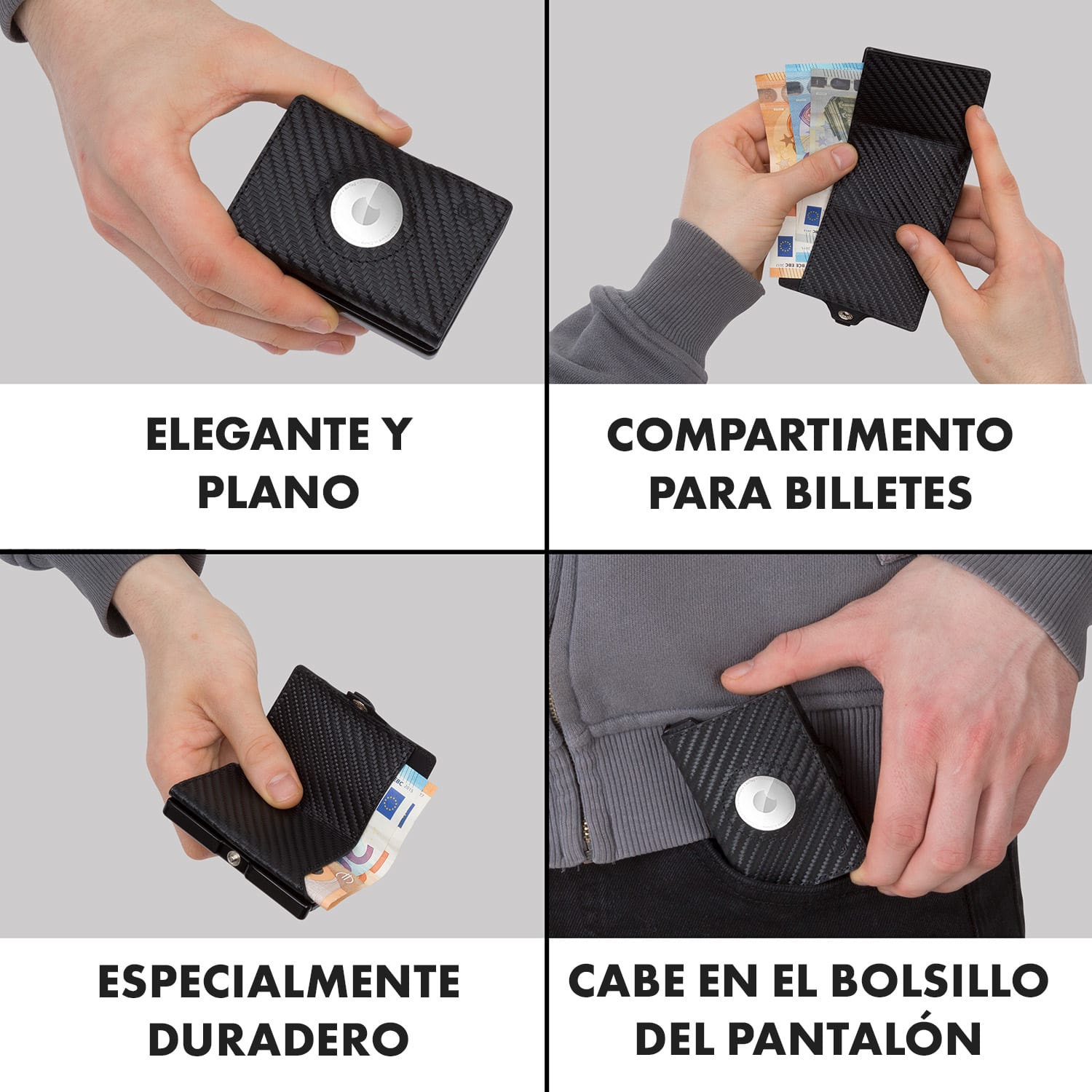 Billetera ZNAP Airtag 12 tarjetas, compartimento para monedas 8,9 x 1,8 x 6,3 cm (AnxAlxProf) con protección RFID Carbón | Negro