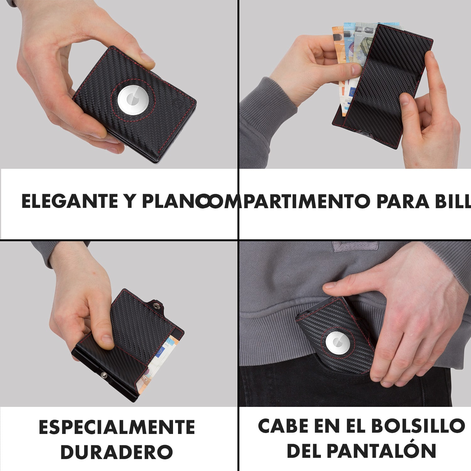 Billetera ZNAP Airtag 12 tarjetas, compartimento para monedas 8,9 x 1,8 x 6,3 cm (AnxAlxProf) con protección RFID Carbón | Negro/Rojo