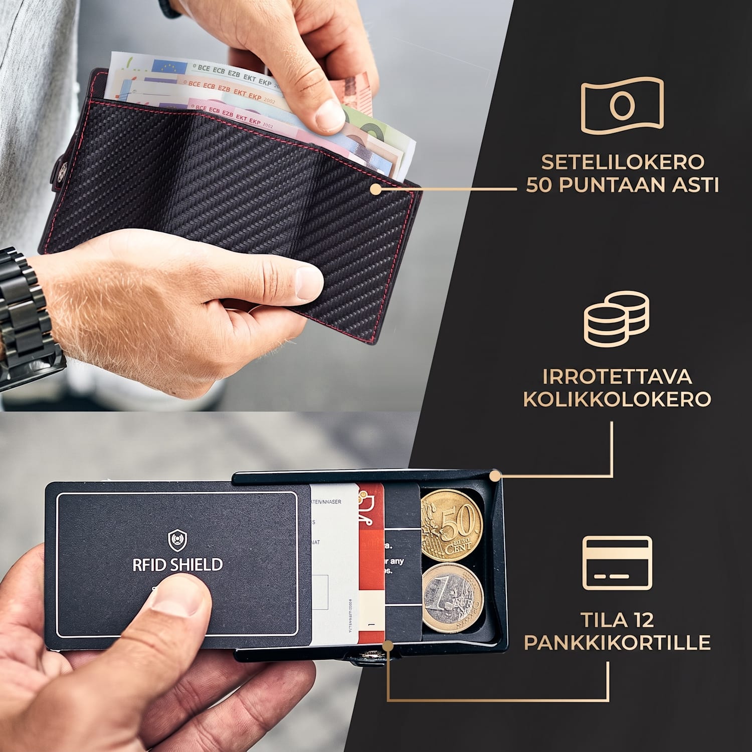 ZNAP Airtag-lompakko 12 korttia, kolikotasku 8,9 x 1,8 x 6,3 cm (LxKxS) RFID-suojaus Hiili | Musta/Punainen