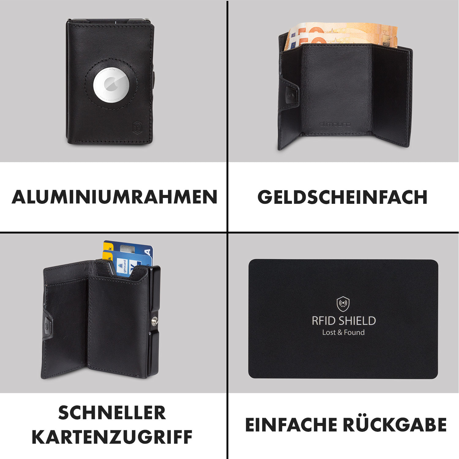 ZNAP Airtag Wallet 12 Karten Münzfach 8,9 x 1,8 x 6,3 cm (BxHxT) RFID-Schutz Leder (natur) | Schwarz