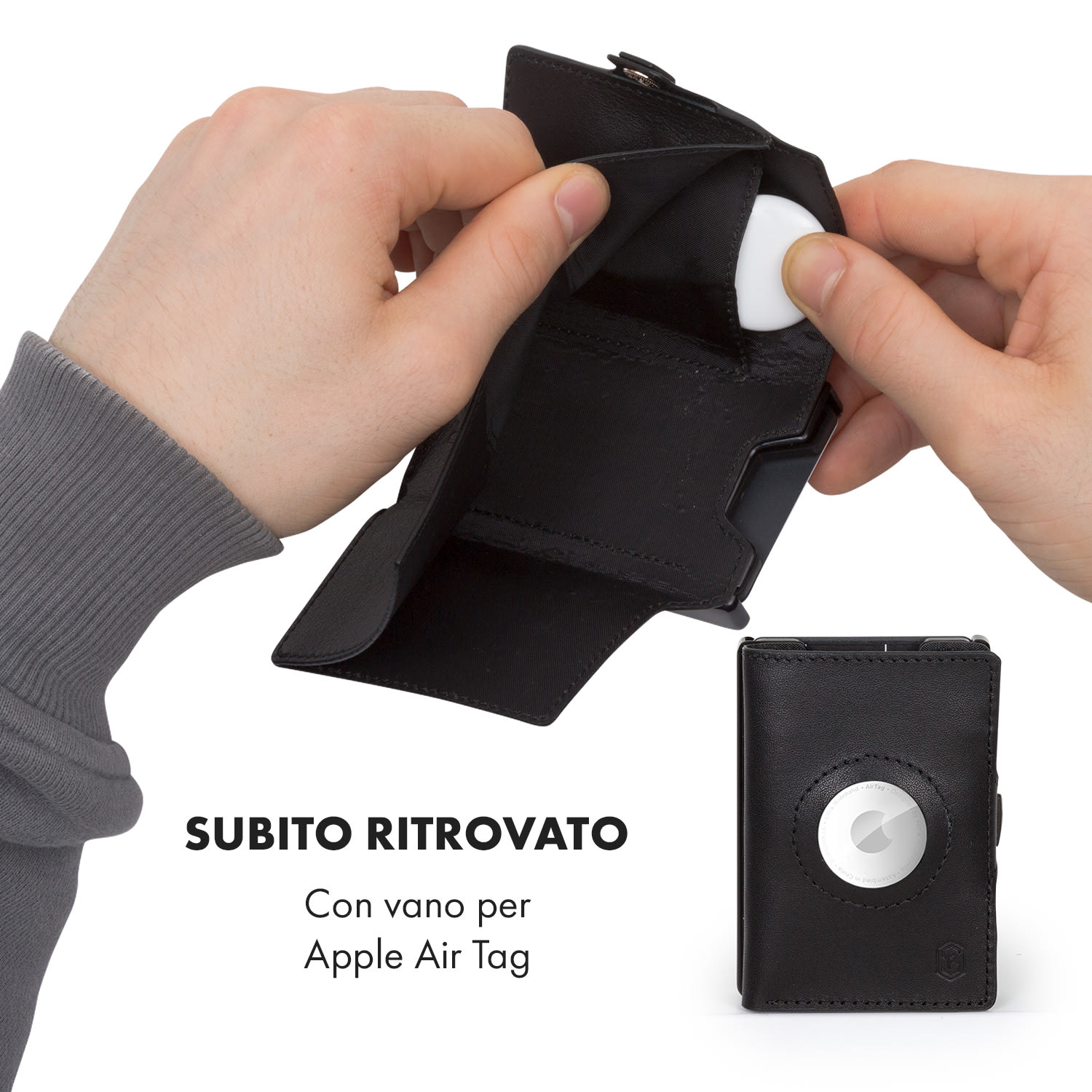 ZNAP Airtag Wallet 12 carte, tasca per monete 8,9 x 1,8 x 6,3 cm (LxHxP) con protezione RFID Pelle (natura) | Nero