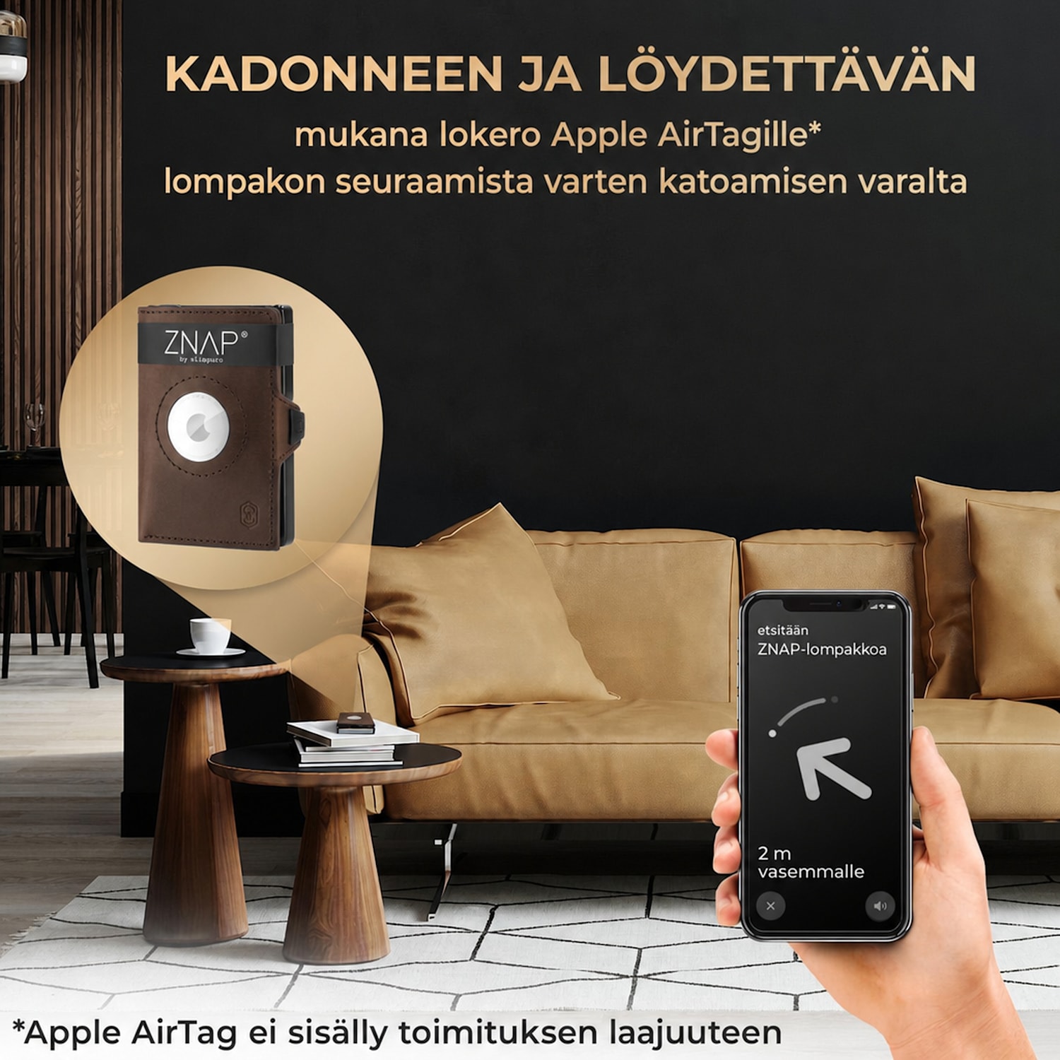ZNAP Airtag lompakko 12 kortille kolikkotasku 8,9 x 1,8 x 6,3 cm (leveys x korkeus x syvyys) RFID-suoja Nahka (Nature) | Maanruskea