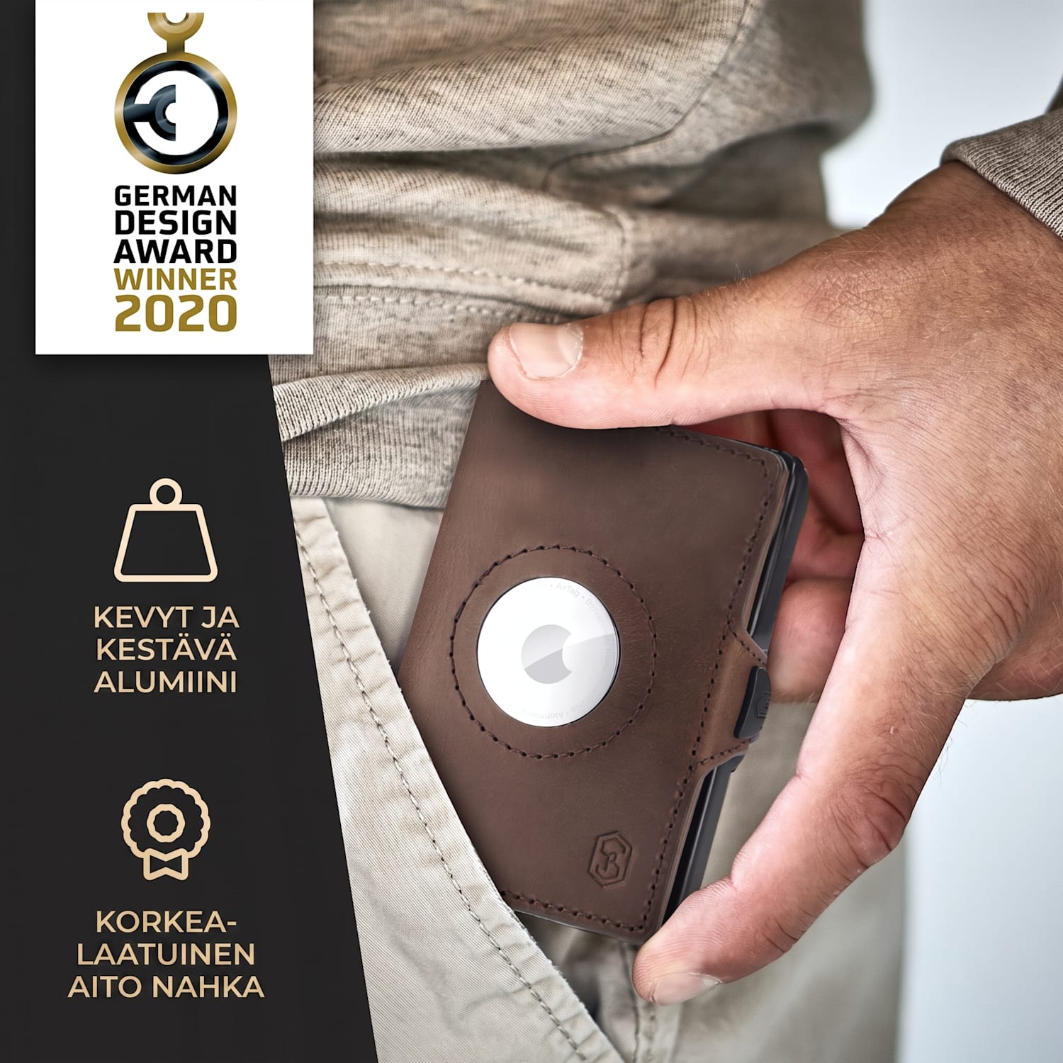 ZNAP Airtag lompakko 12 kortille kolikkotasku 8,9 x 1,8 x 6,3 cm (leveys x korkeus x syvyys) RFID-suoja Nahka (Nature) | Maanruskea