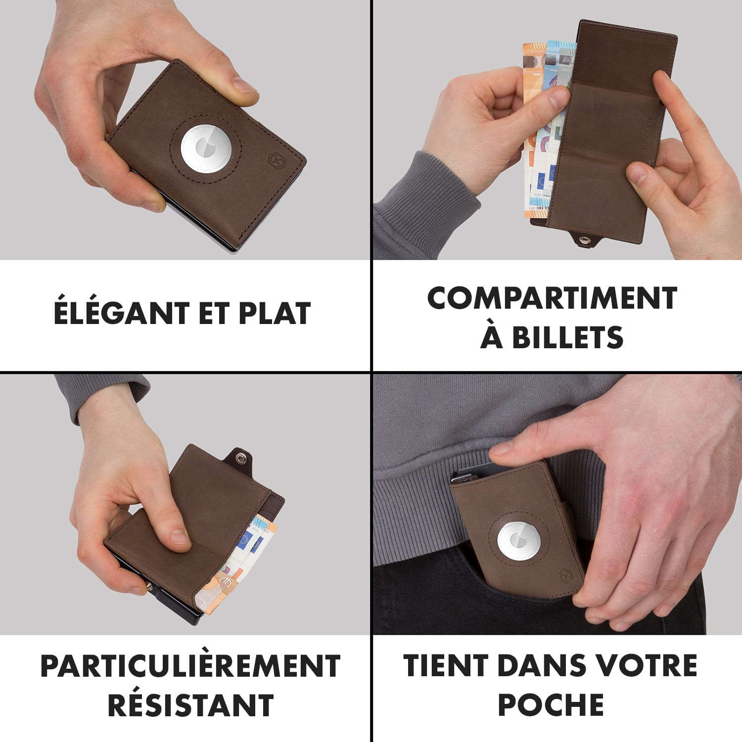 ZNAP Airtag Wallet Portefeuille 12 cartes compartiment monnaie 8,9 x 1,8 x 6,3 cm (LxHxP) Protection RFID 