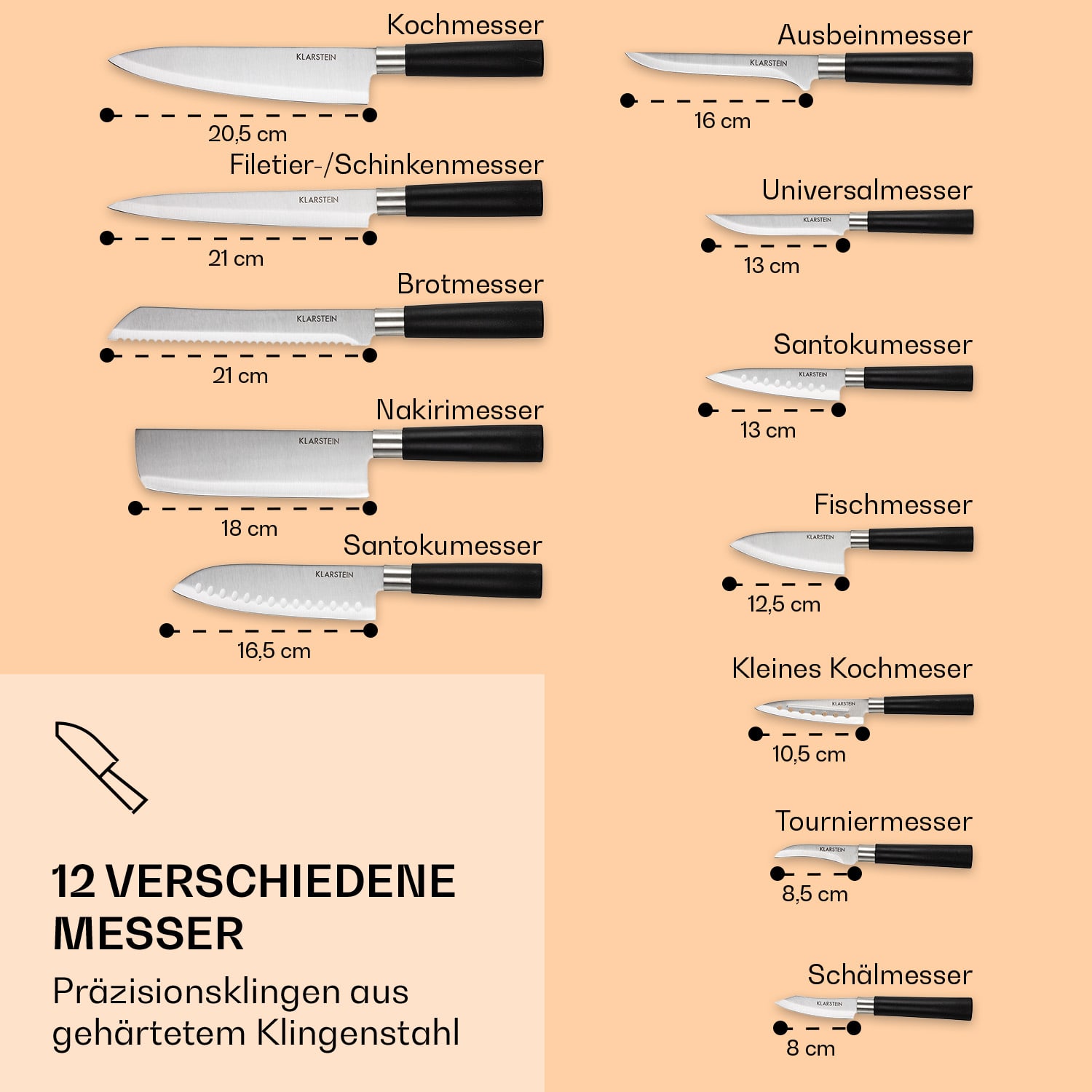 Kitano XL 13 pièces Set de couteaux avec bloc 12 couteaux acier élégant bloc en bois Noir