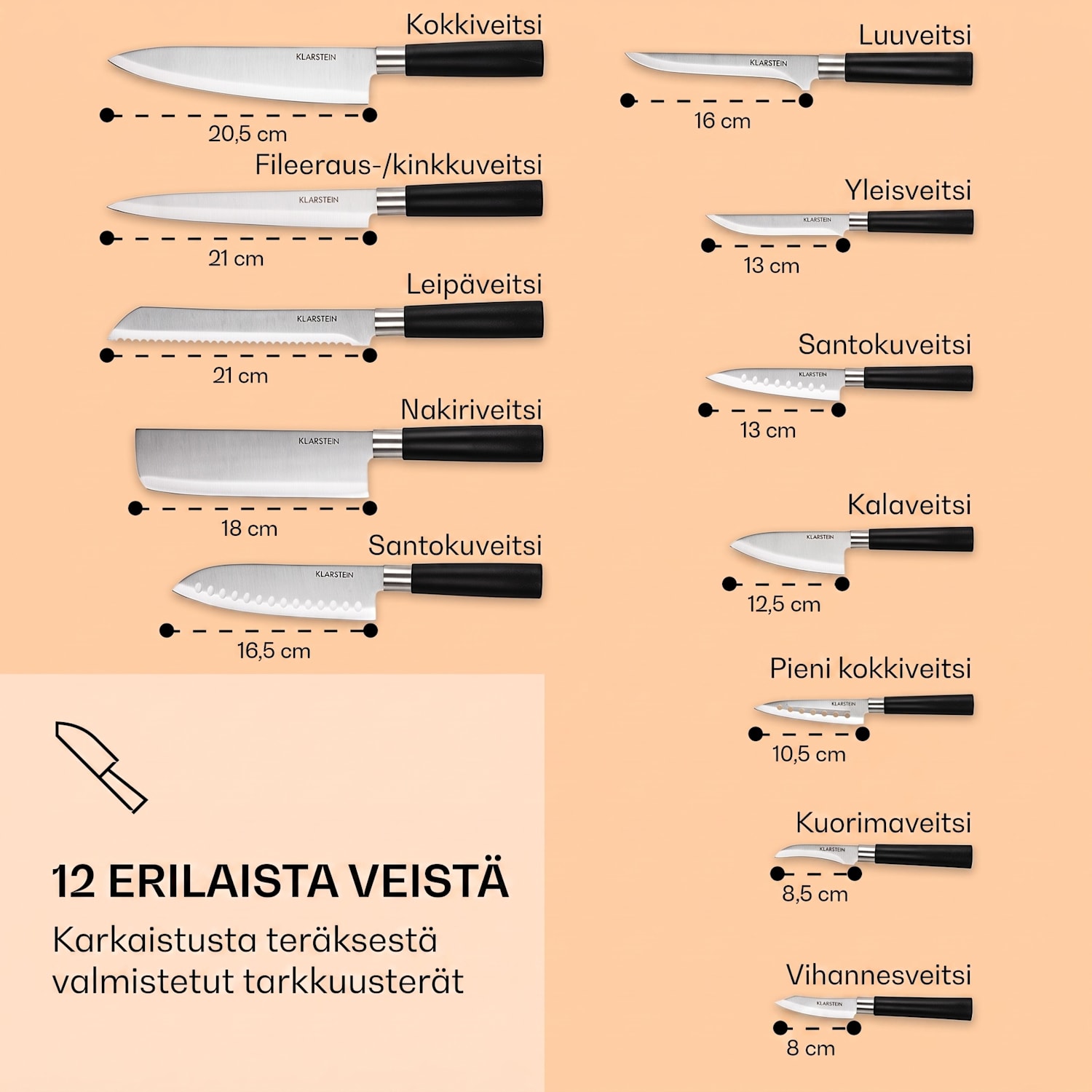 Kitano XL 13-osainen veitsisetti tukilla 12 veistä teräs ylellinen puutukki Musta