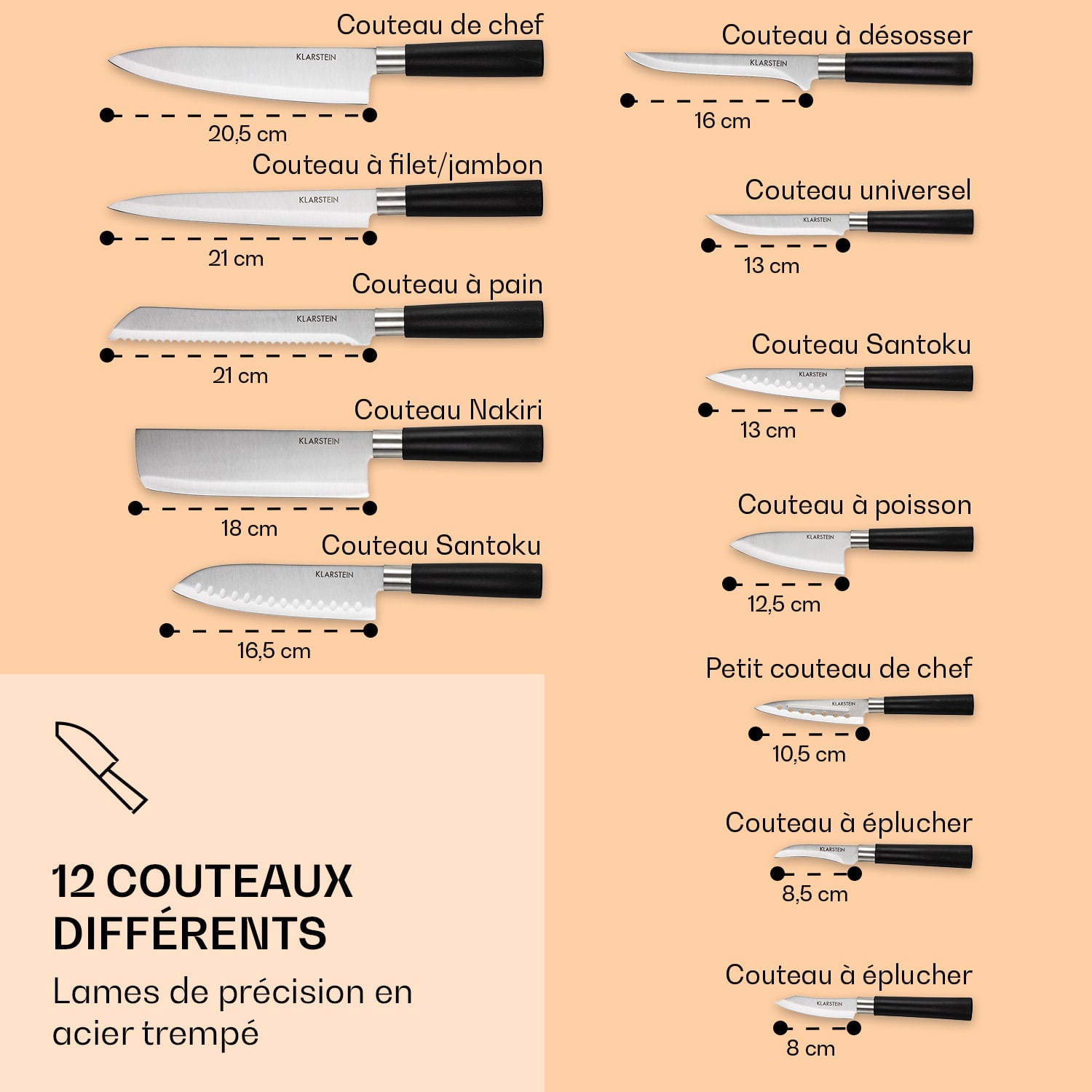 Kitano XL 13-delig Messenset met blok 12 messen staal edel houten blok Zwart