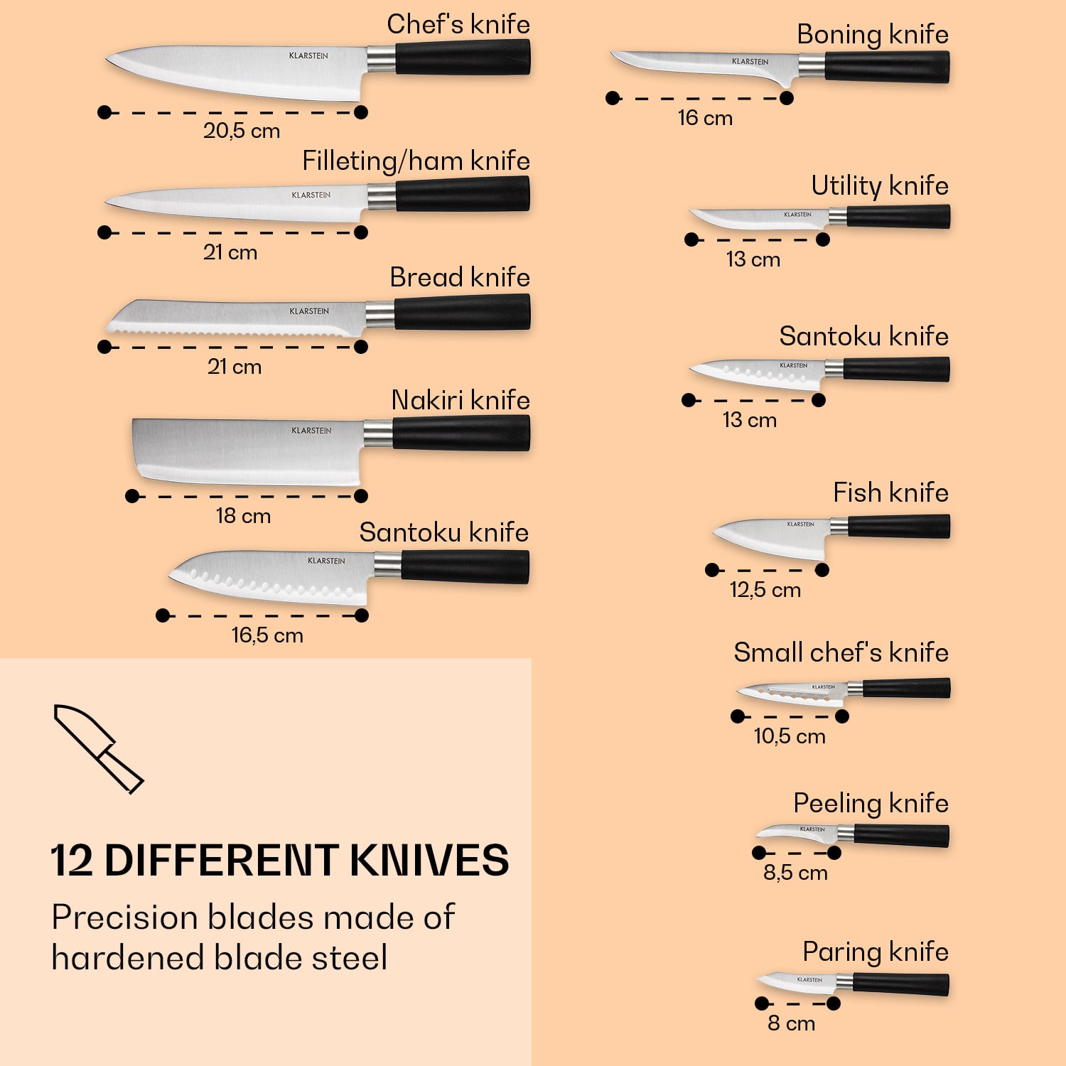 Kitano XL 13 pcs. Knife set with block with 12 knives steel elegant wooden block Black