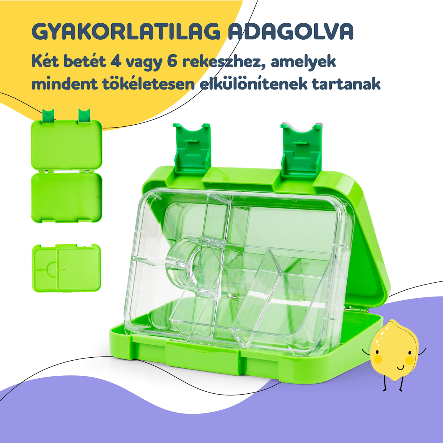 Schmatzfatz junior tízórais doboz, 6 rekesz, 21,3 x 15 x 4,5 cm, BPA mentes Lime zöld