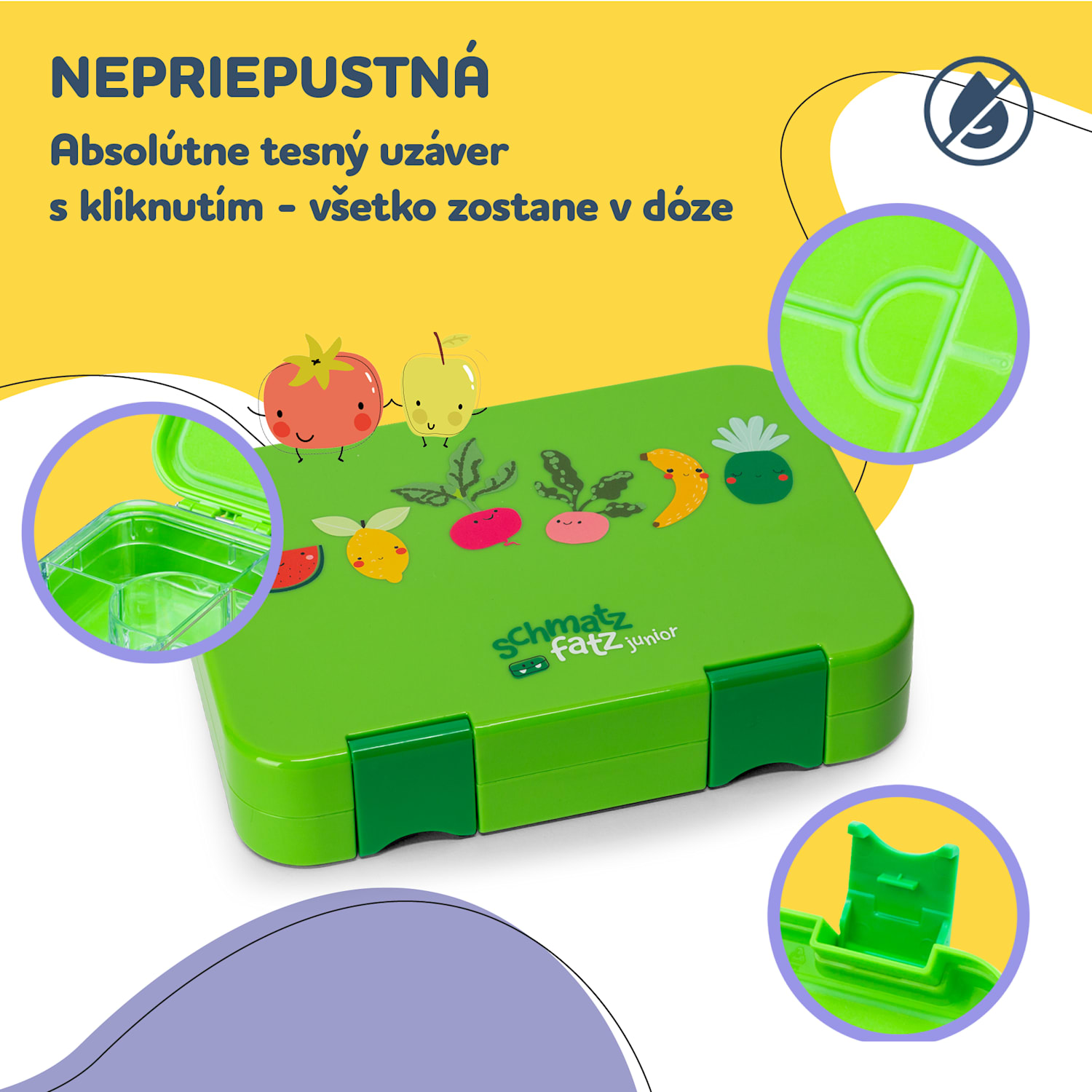 Schmatzfatz junior desiatový box, 6 priehradiek, 21,3 x 15 x 4,5 cm, bez BPA Limetkovo zelená