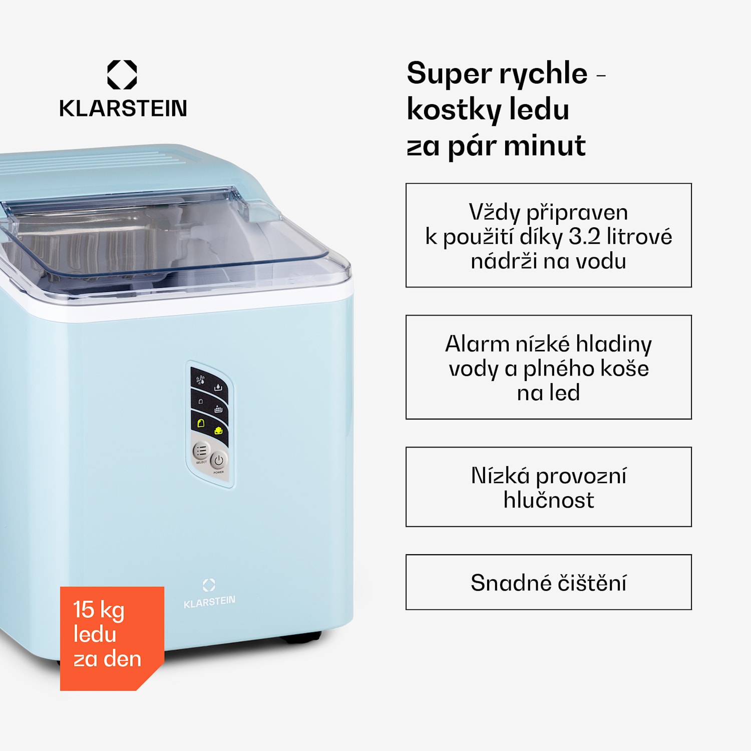 Albaron, výrobník ledu, tvar náboje, 12 kg/24 h, 1,5 l nádrž, displej Pastelově modrá