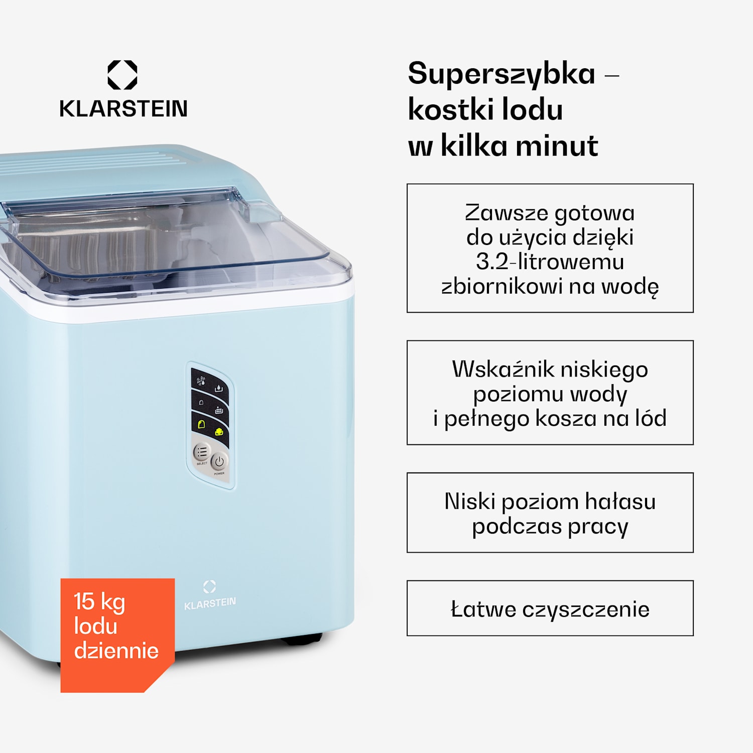 Albaron, kostkarka do lodu, okrągłe, 12 kg/24 h, zbiornik 1,5 l, wyświetlacz Pastelowy Błękit