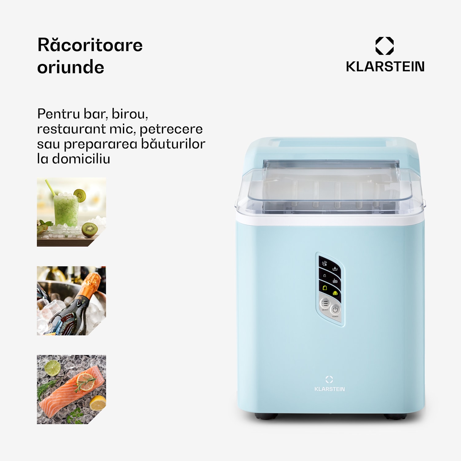 Albaron, producător de gheață, formă de butuc, 12 kg/24 h, rezervor de 1,5 l, afișaj Albastru pastel