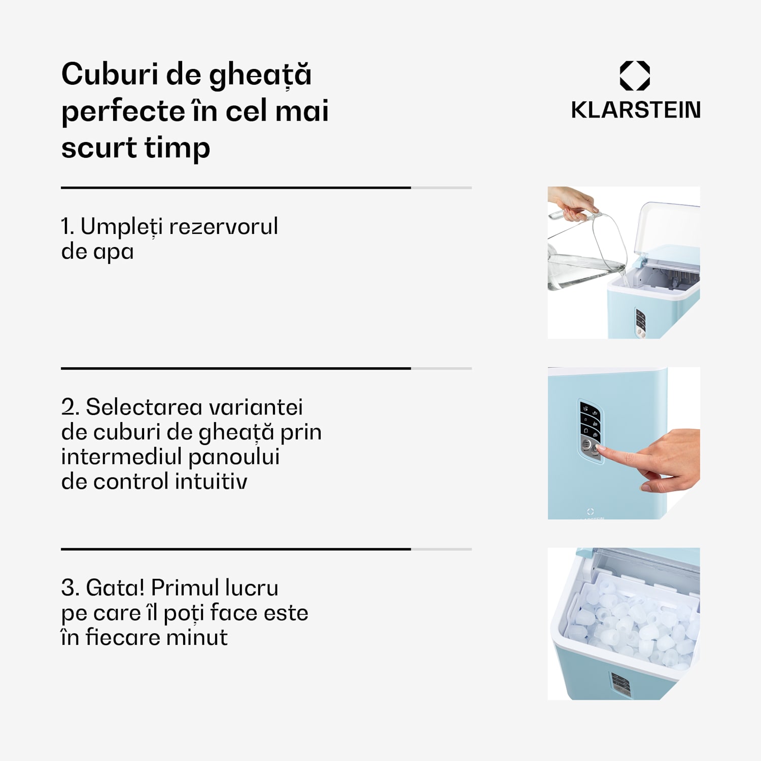 Albaron, producător de gheață, formă de butuc, 12 kg/24 h, rezervor de 1,5 l, afișaj Albastru pastel
