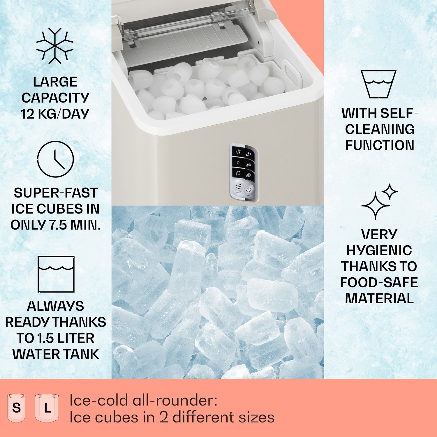 Albaron, výrobník ledu, tvar náboje, 12 kg/24 h, 1,5 l, displej Krémová