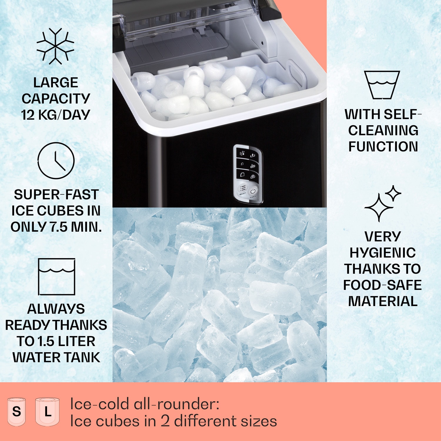 Albaron, výrobník ľadu, tvar náboja, 12 kg/24 h, nádrž 1,5 l, displej Čierna