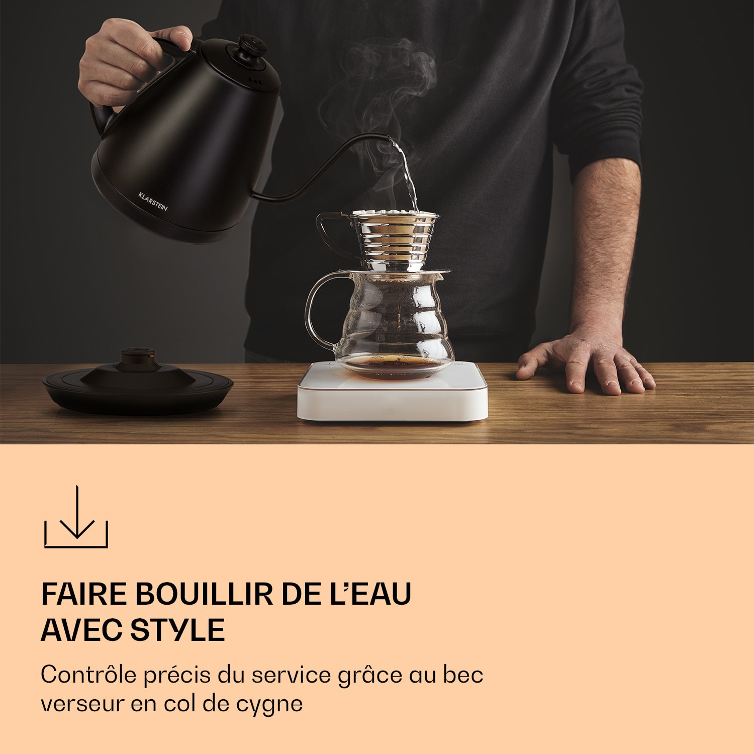 Garcon Bouilloire 1 L 2000 W Fonction maintien au chaud Col de cygne Acier inoxydable 