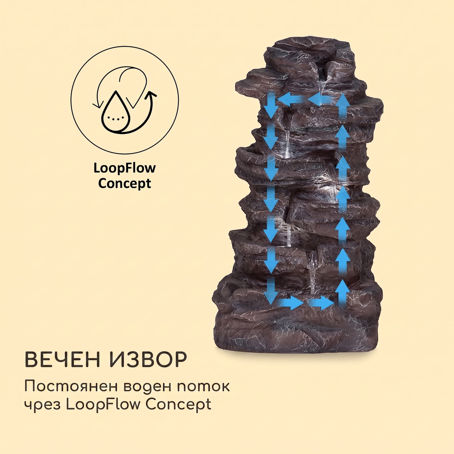 Stonehenge XL, соларен фонтан, LED осветление, полирезин, литиево-йонна батерия 46 x 88 x 35 cm | Камък от черния оникс